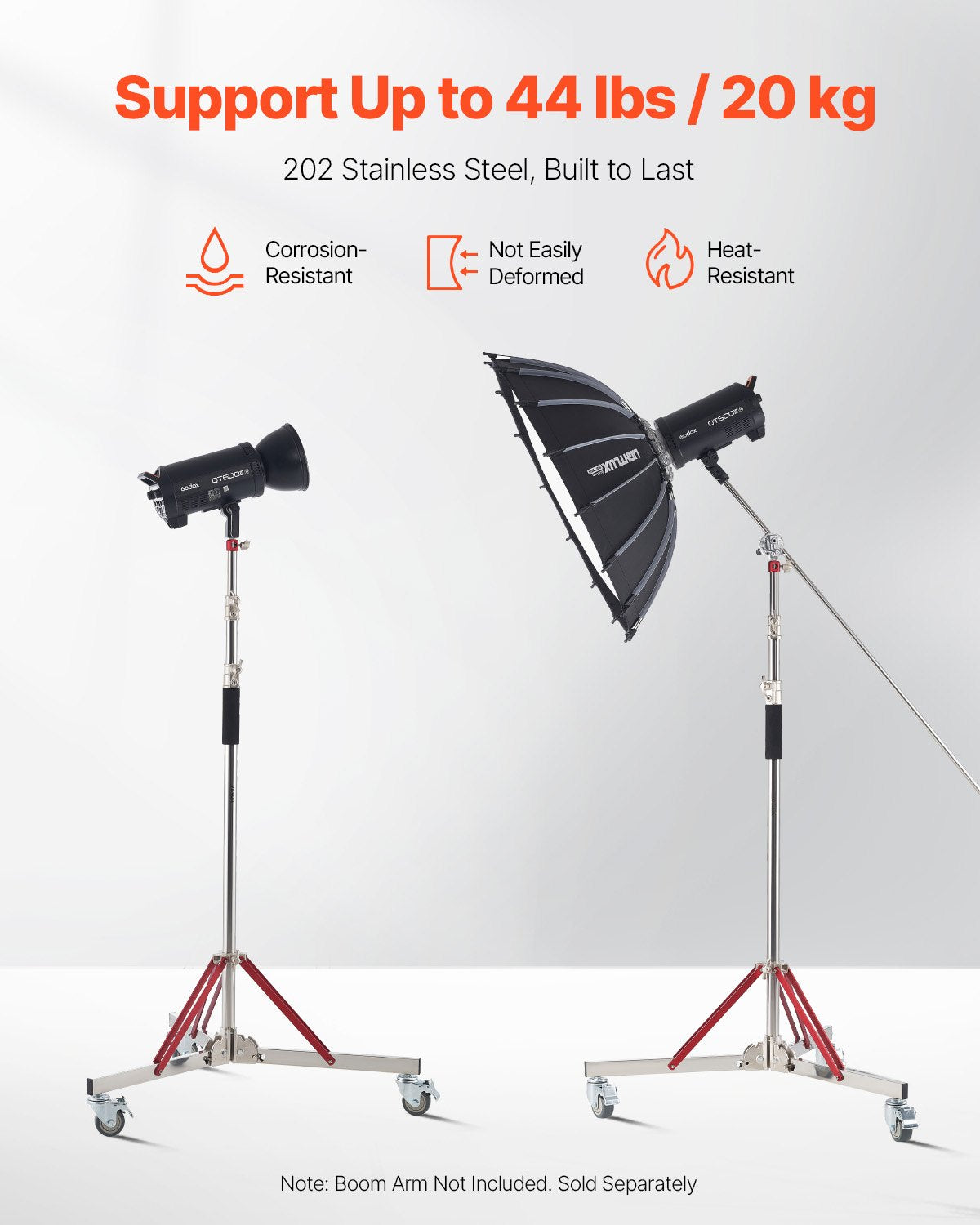 Heavy Duty 10.5 ft Adjustable Tripod Light Stand with Casters, Stainless Steel Base for Studio Softbox, Monolight, Reflector, Photography Equipment