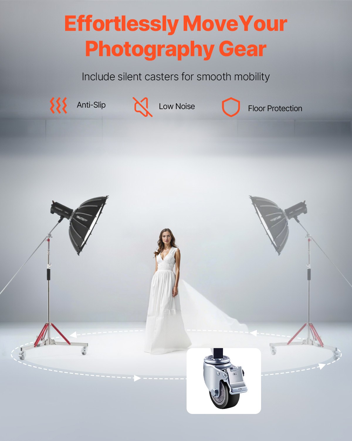 Heavy Duty 10.5 ft Adjustable Tripod Light Stand with Casters, Stainless Steel Base for Studio Softbox, Monolight, Reflector, Photography Equipment