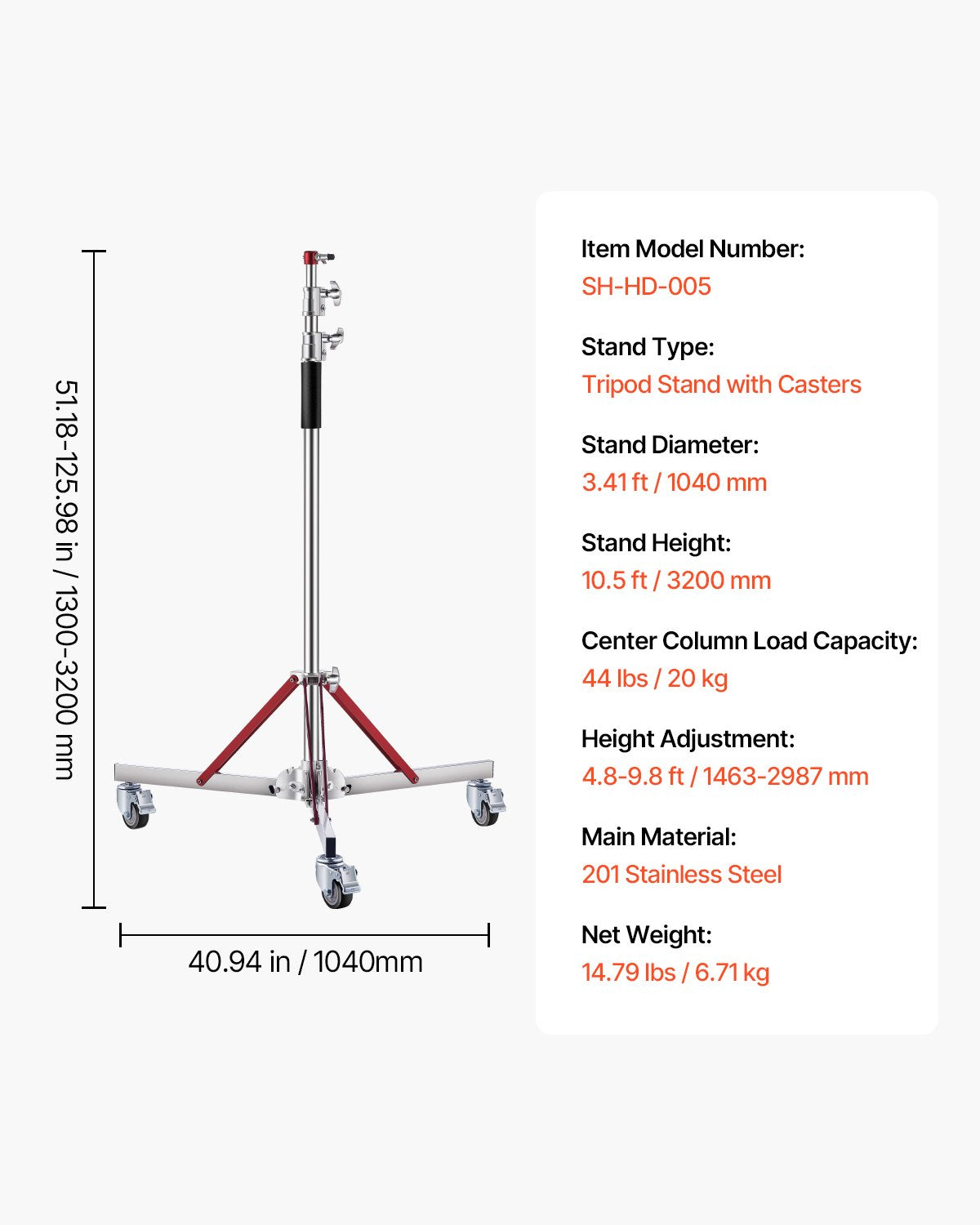 Heavy Duty 10.5 ft Adjustable Tripod Light Stand with Casters, Stainless Steel Base for Studio Softbox, Monolight, Reflector, Photography Equipment