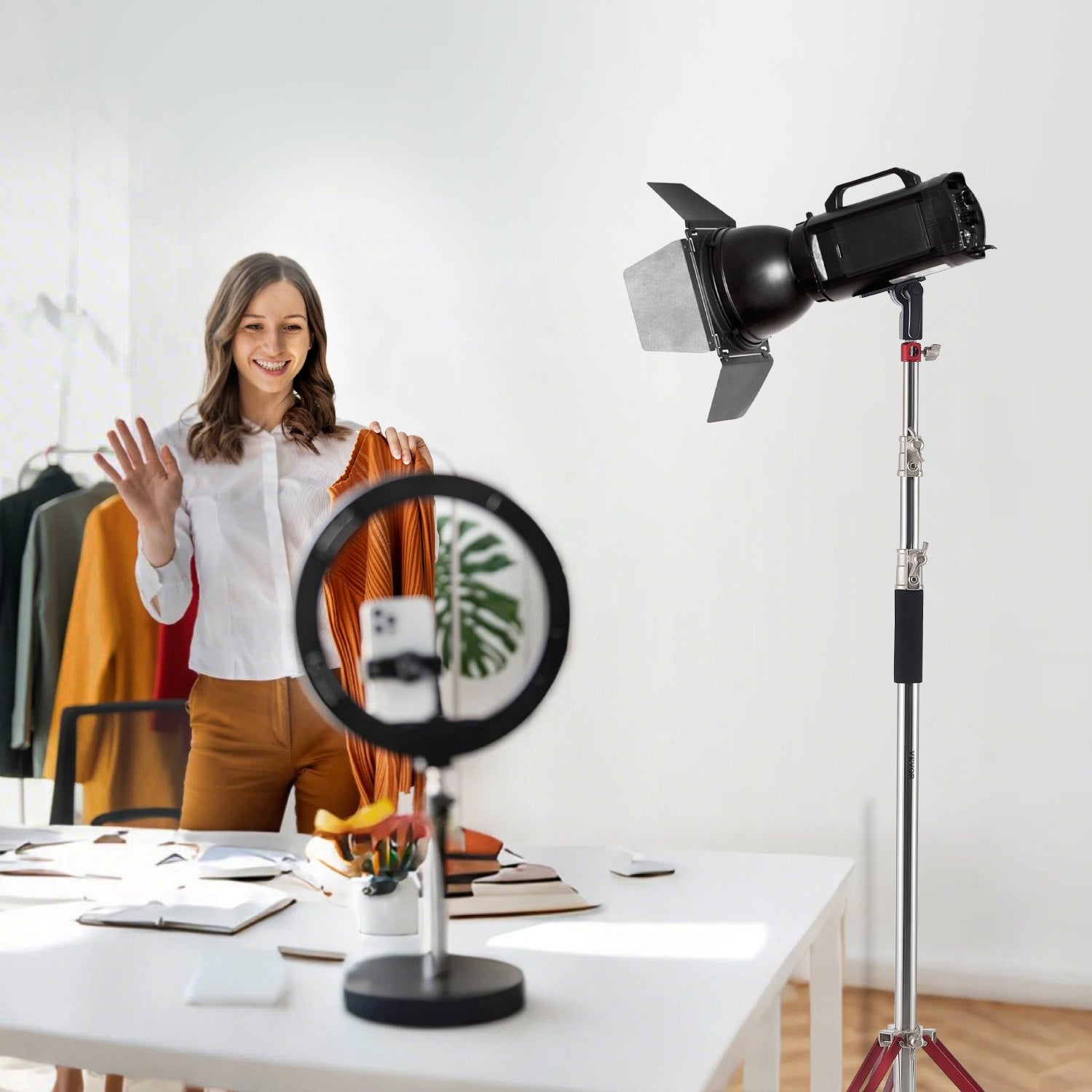 Heavy Duty 10.5 ft Adjustable Tripod Light Stand with Casters, Stainless Steel Base for Studio Softbox, Monolight, Reflector, Photography Equipment