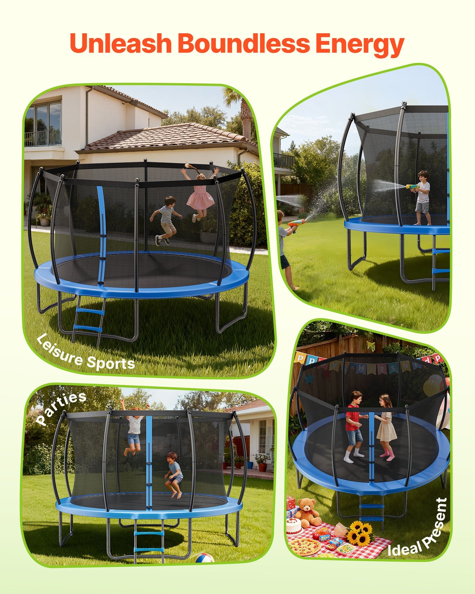 12FT Outdoor Trampoline with Enclosure Net, ASTM Certified, 400 lbs Capacity, Rust-Resistant for Kids & Adults, Ideal Backyard Fun
