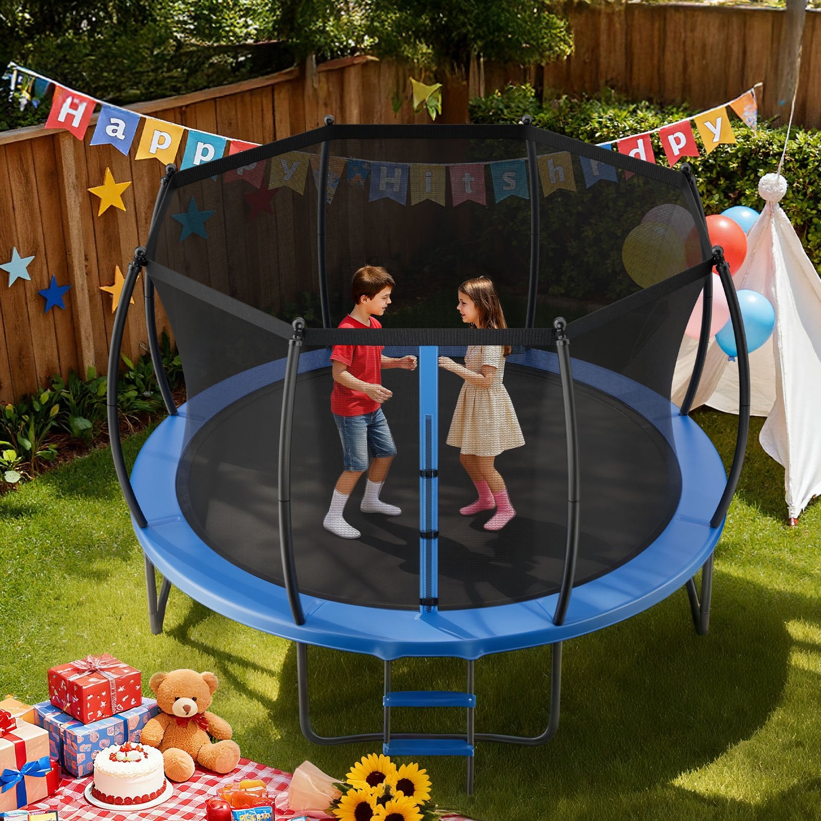 12FT Outdoor Trampoline with Enclosure Net, ASTM Certified, 400 lbs Capacity, Rust-Resistant for Kids & Adults, Ideal Backyard Fun