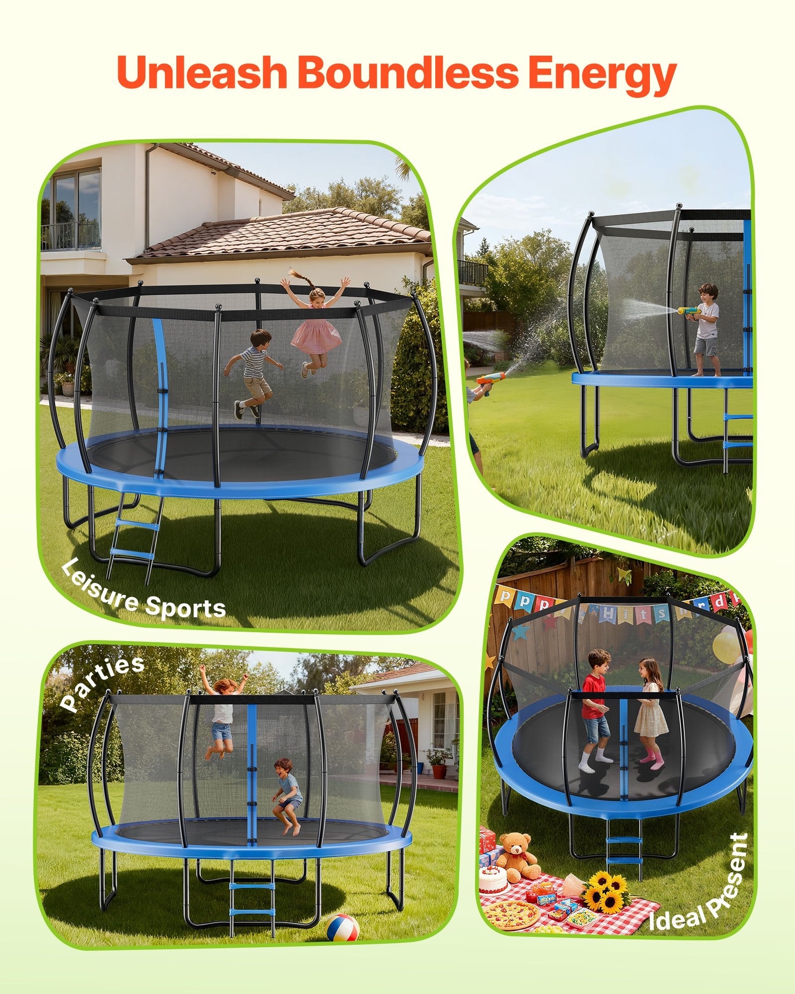 10FT Outdoor Trampoline with Enclosure Net, ASTM Certified, Heavy-Duty Anti-Rust Design, Perfect for Kids & Adults, 265 lbs Capacity