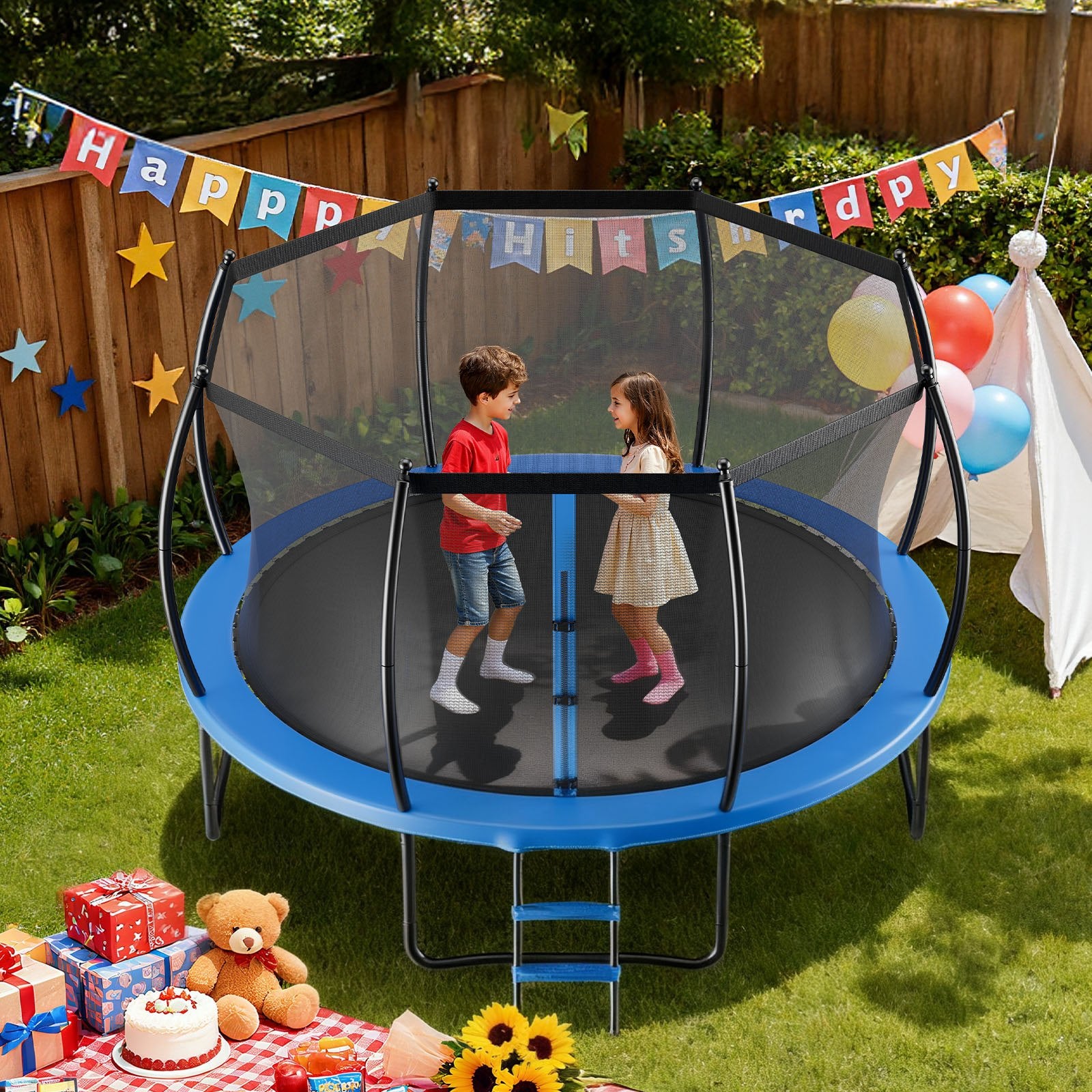 10FT Outdoor Trampoline with Enclosure Net, ASTM Certified, Heavy-Duty Anti-Rust Design, Perfect for Kids & Adults, 265 lbs Capacity