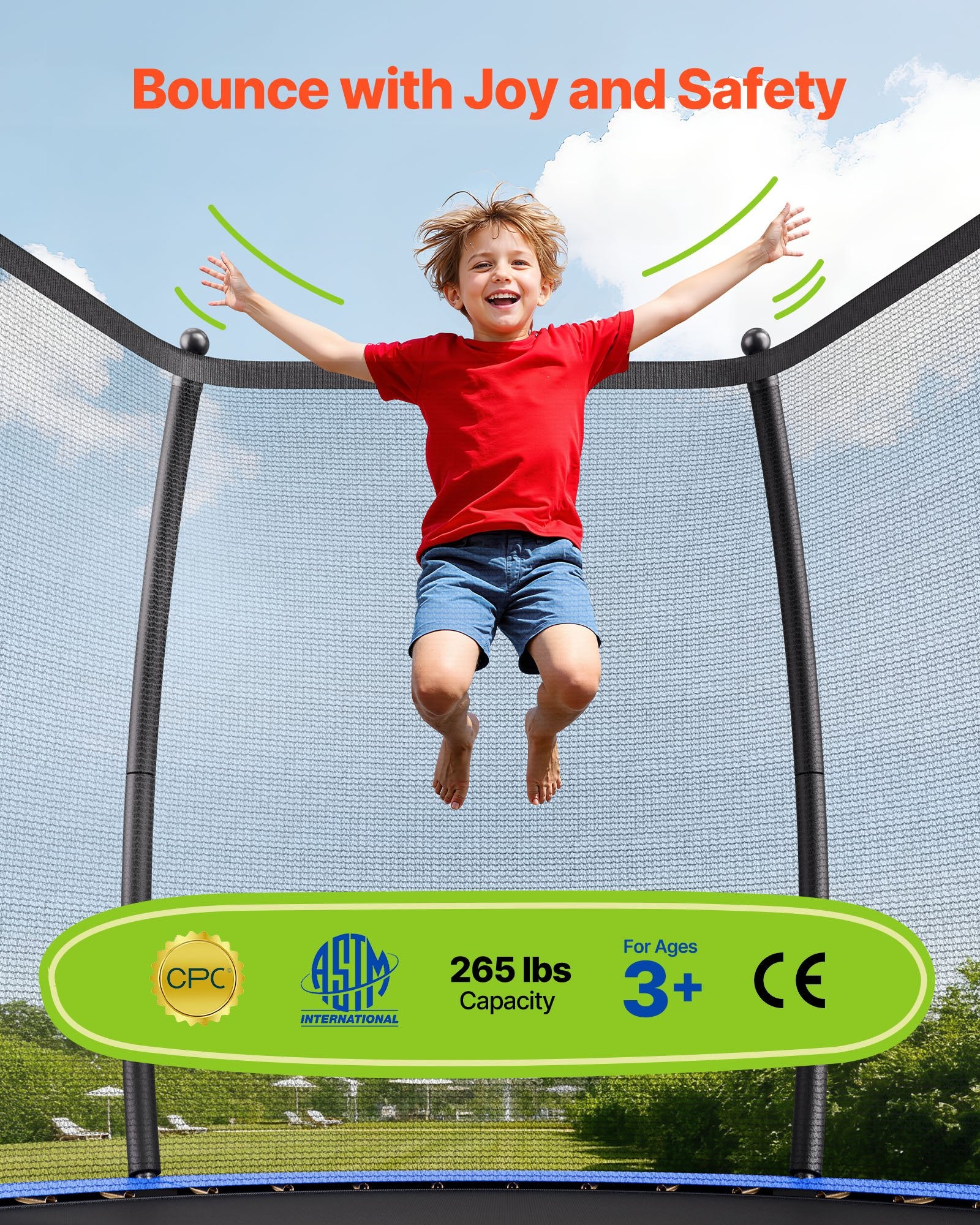 8FT Outdoor Trampoline with Enclosure Net, ASTM Certified, Anti-Rust Design, Thickened Pad, 265 lbs Capacity for Kids & Adults