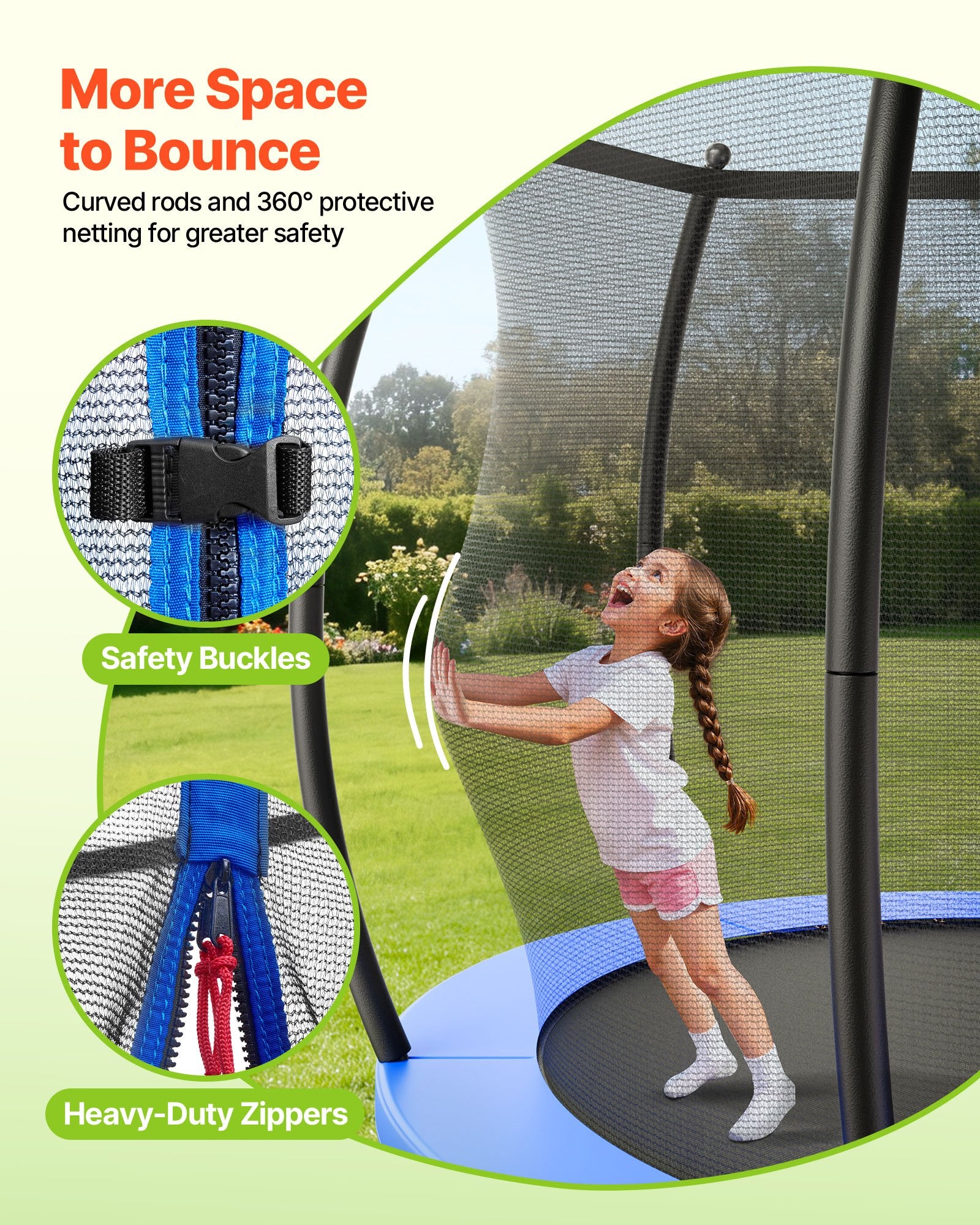 8FT Outdoor Trampoline with Enclosure Net, ASTM Certified, Anti-Rust Design, Thickened Pad, 265 lbs Capacity for Kids & Adults
