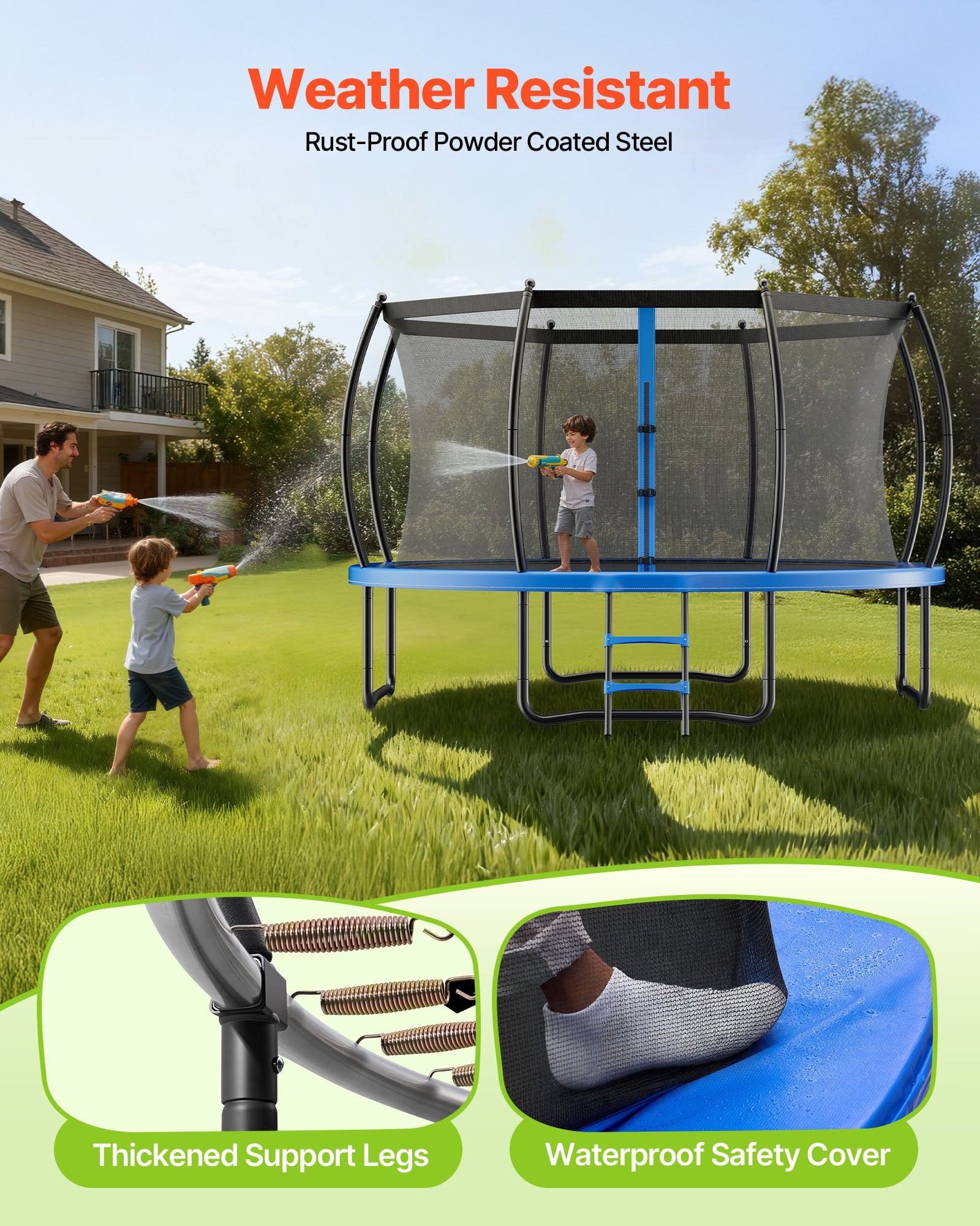 8FT Outdoor Trampoline with Enclosure Net, ASTM Certified, Anti-Rust Design, Thickened Pad, 265 lbs Capacity for Kids & Adults