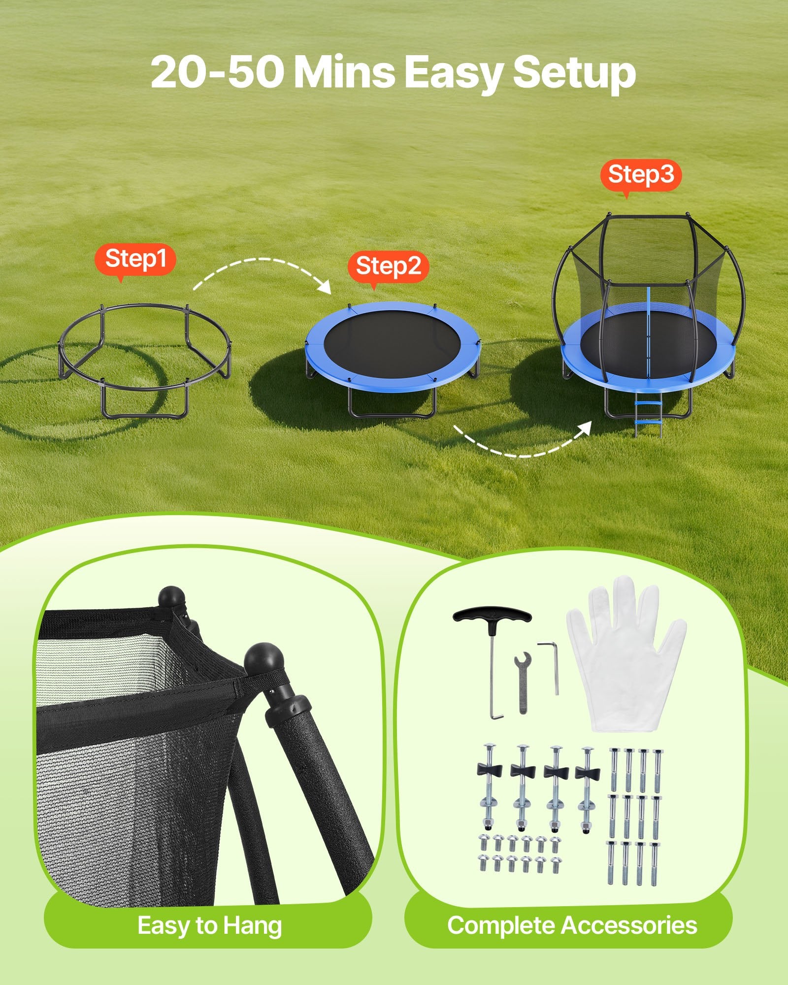 8FT Outdoor Trampoline with Enclosure Net, ASTM Certified, Anti-Rust Design, Thickened Pad, 265 lbs Capacity for Kids & Adults