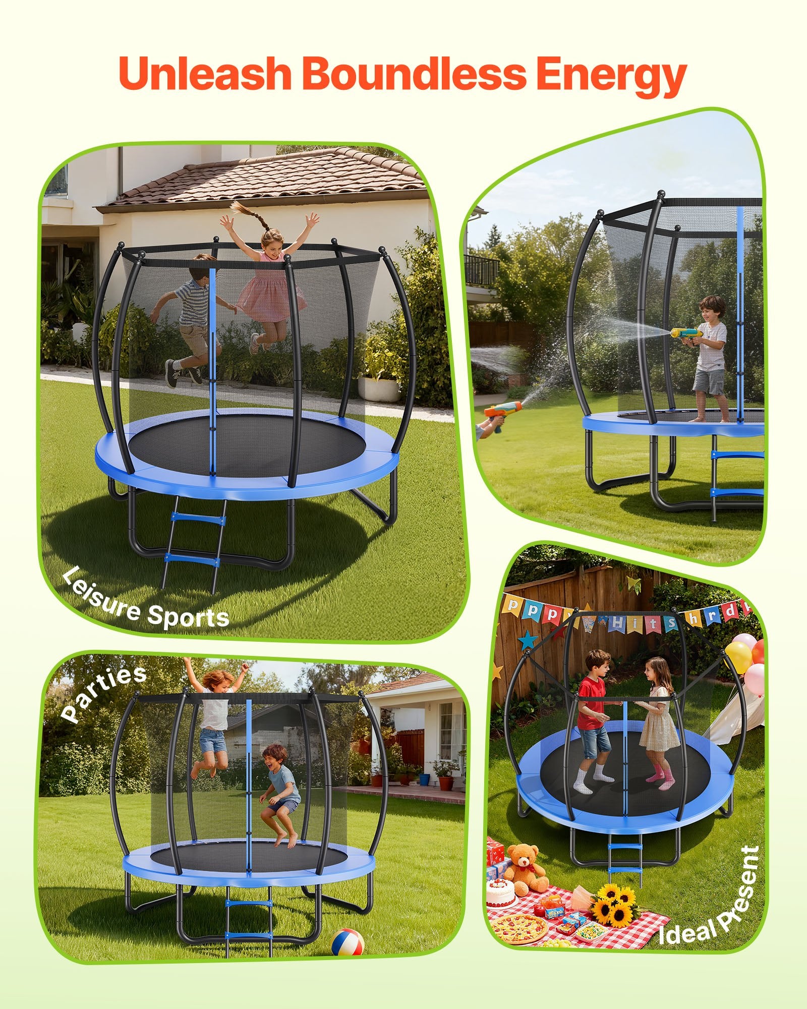 8FT Outdoor Trampoline with Enclosure Net, ASTM Certified, Anti-Rust Design, Thickened Pad, 265 lbs Capacity for Kids & Adults