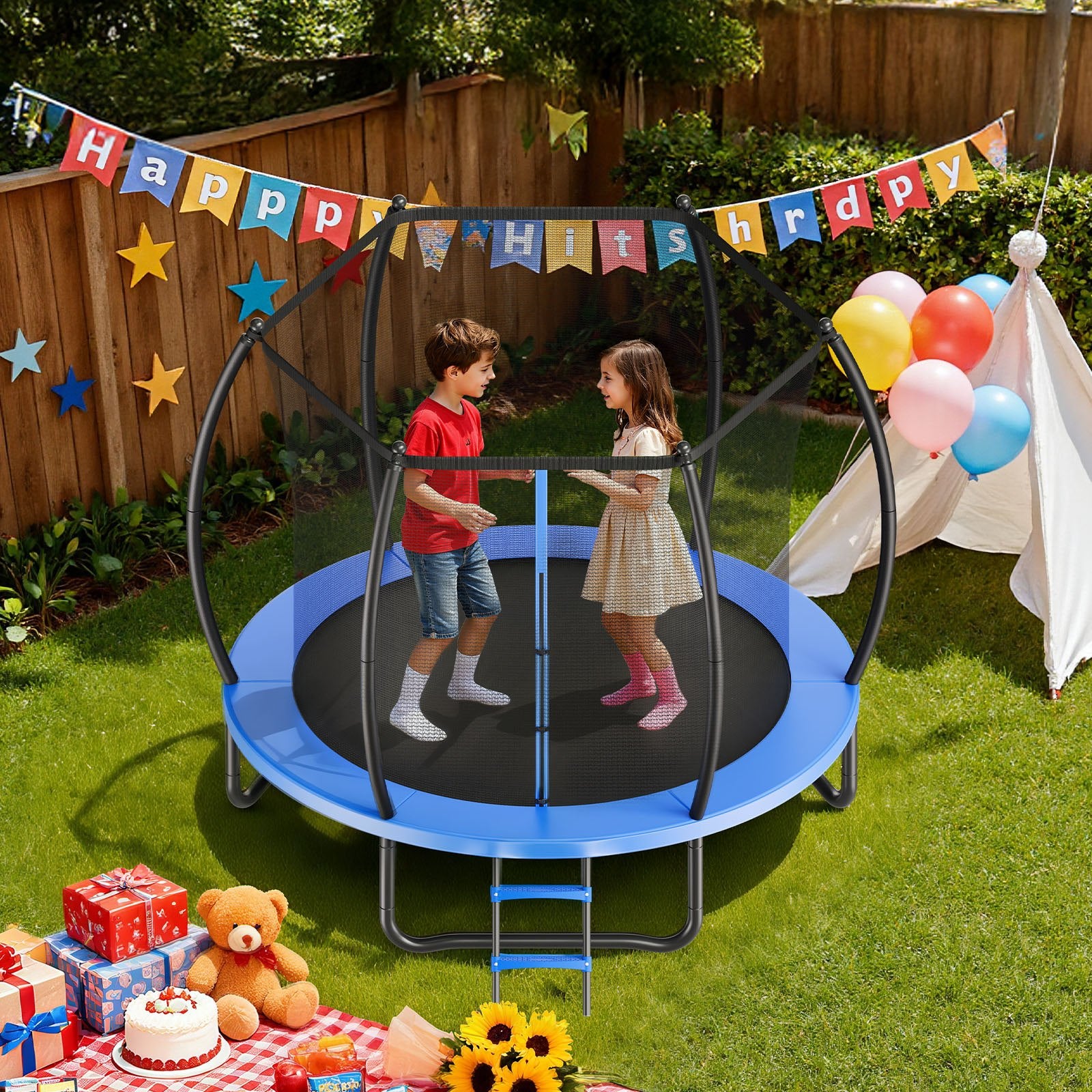 8FT Outdoor Trampoline with Enclosure Net, ASTM Certified, Anti-Rust Design, Thickened Pad, 265 lbs Capacity for Kids & Adults