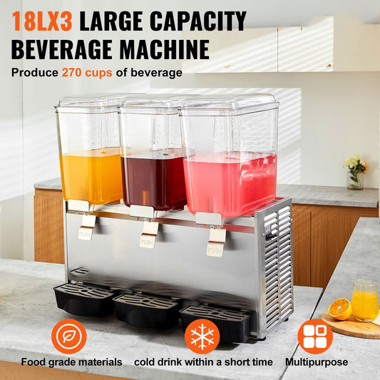 High-Capacity 18L Triple-Tank Beverage Dispenser, 680W Stainless Steel with Thermostat Control for Restaurants, Hotels, Parties, and Events