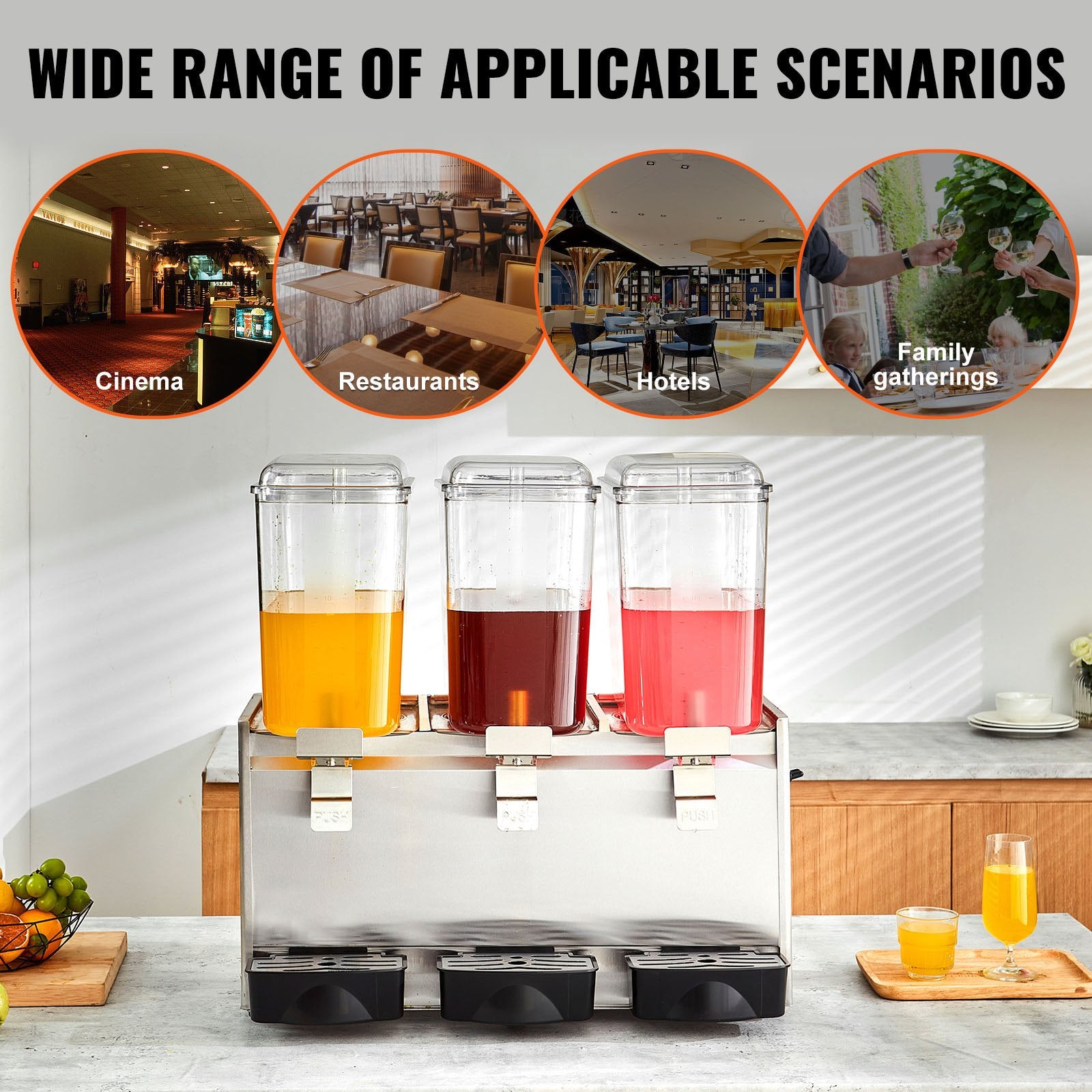 High-Capacity 18L Triple-Tank Beverage Dispenser, 680W Stainless Steel with Thermostat Control for Restaurants, Hotels, Parties, and Events