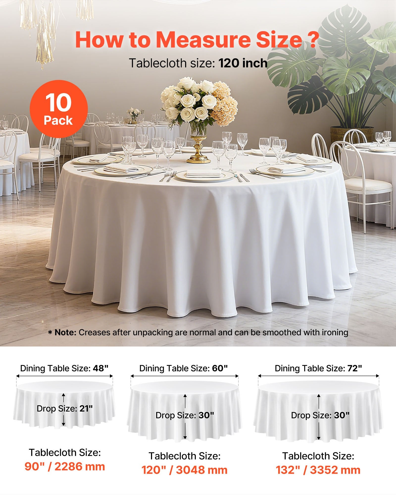 10-Pack of 120-Inch White Round Tablecloths - Stain- & Wrinkle-Resistant, Machine Washable Polyester Covers for Weddings & Events