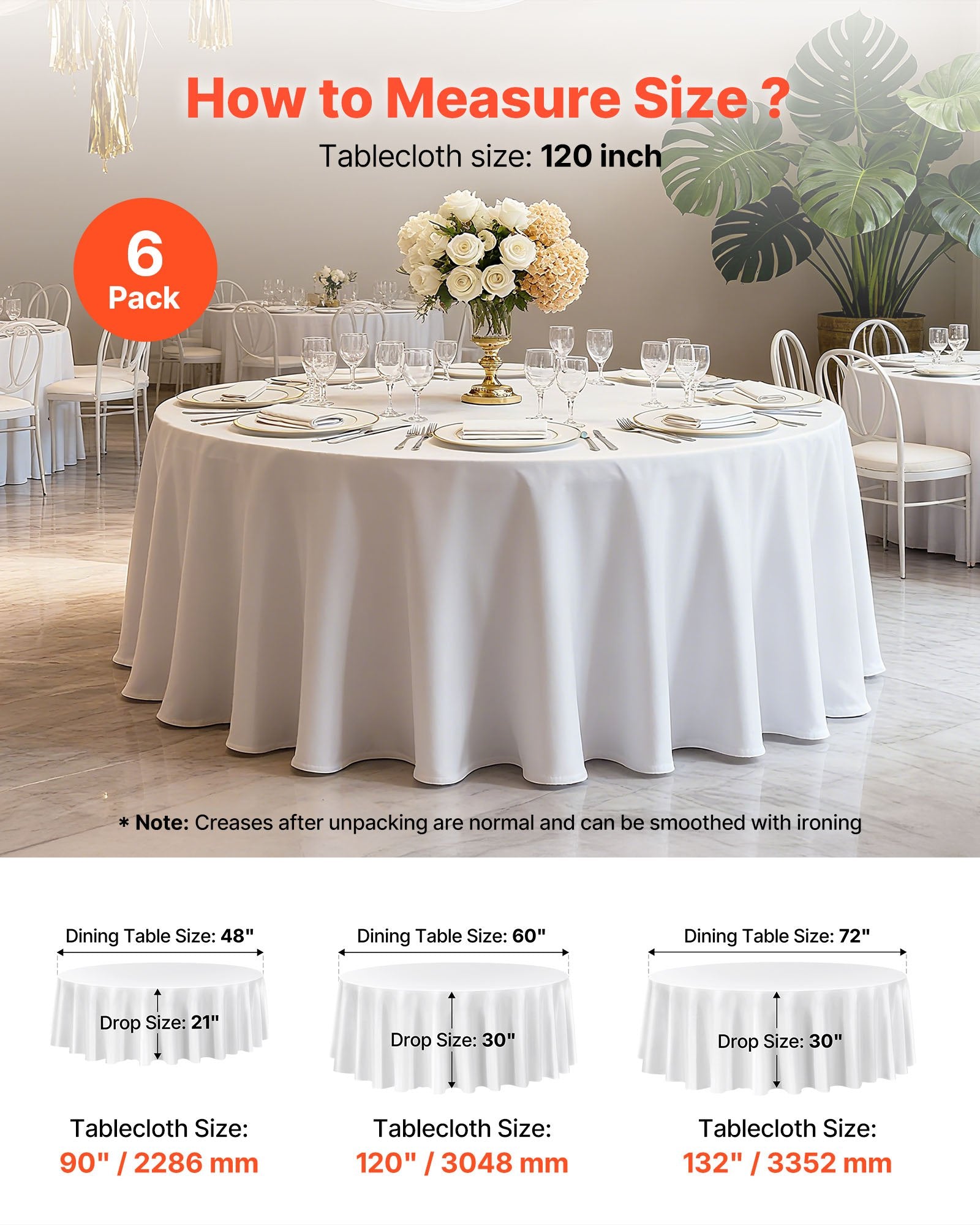 Elegant White Round Tablecloths Set of 6 - 120" Diameter, Stain & Wrinkle Resistant, Machine Washable Polyester for Weddings, Parties, Banquets, Formal Events