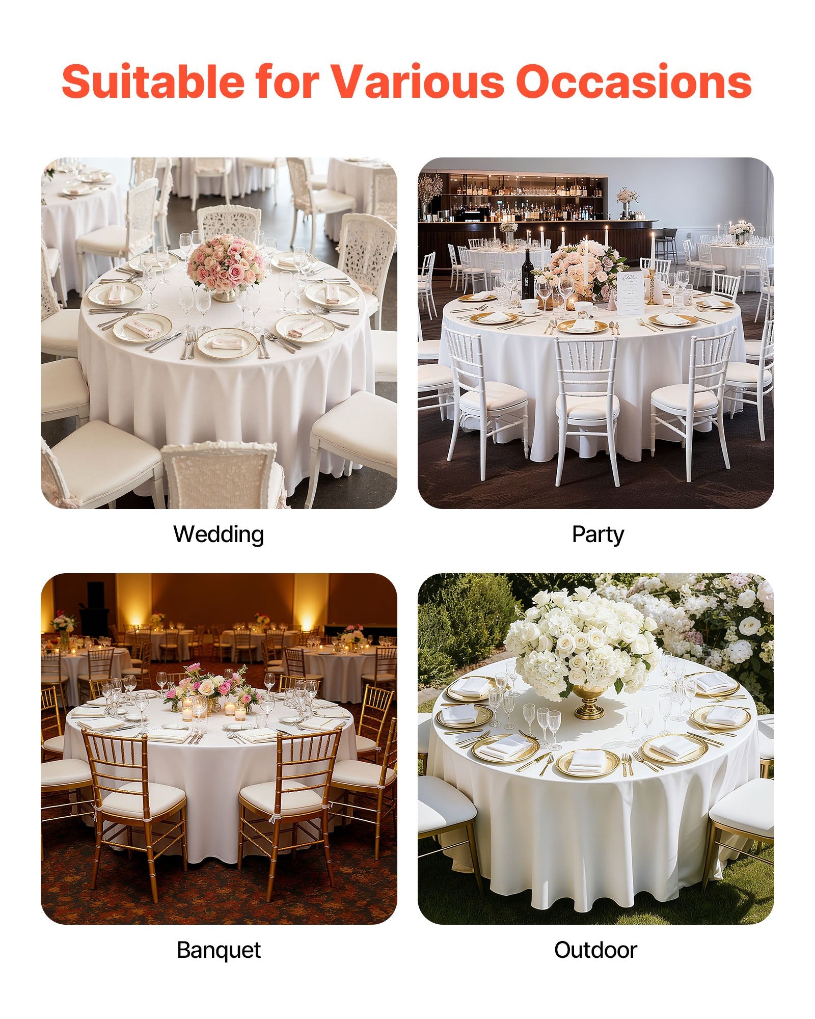 Elegant White Round Tablecloths Set of 6 - 120" Diameter, Stain & Wrinkle Resistant, Machine Washable Polyester for Weddings, Parties, Banquets, Formal Events