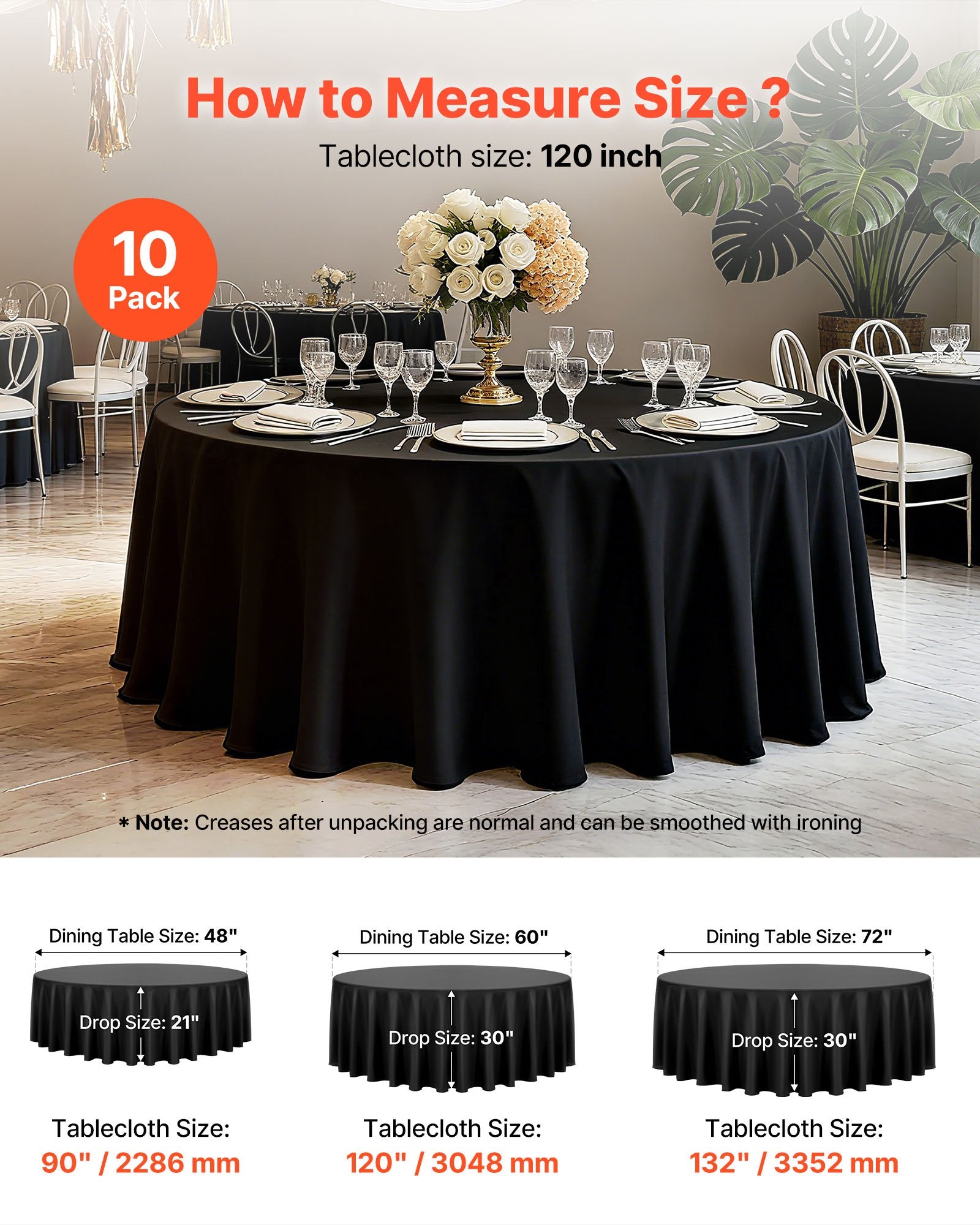 10-Pack Black Round Tablecloths, 120-Inch Diameter, Stain & Wrinkle Resistant, Machine Washable Polyester for Weddings, Parties, Banquets, and Events
