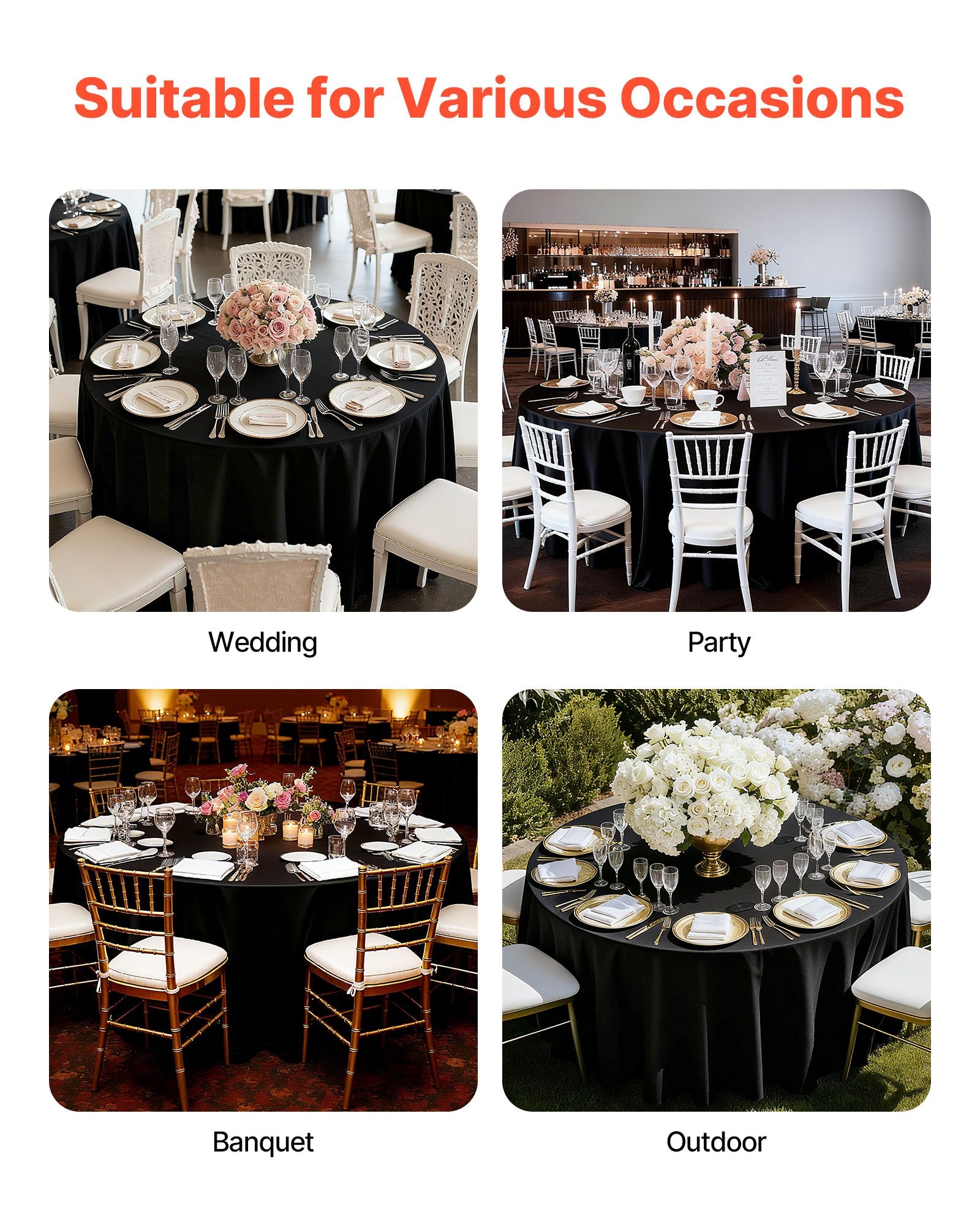 10-Pack Black Round Tablecloths, 120-Inch Diameter, Stain & Wrinkle Resistant, Machine Washable Polyester for Weddings, Parties, Banquets, and Events