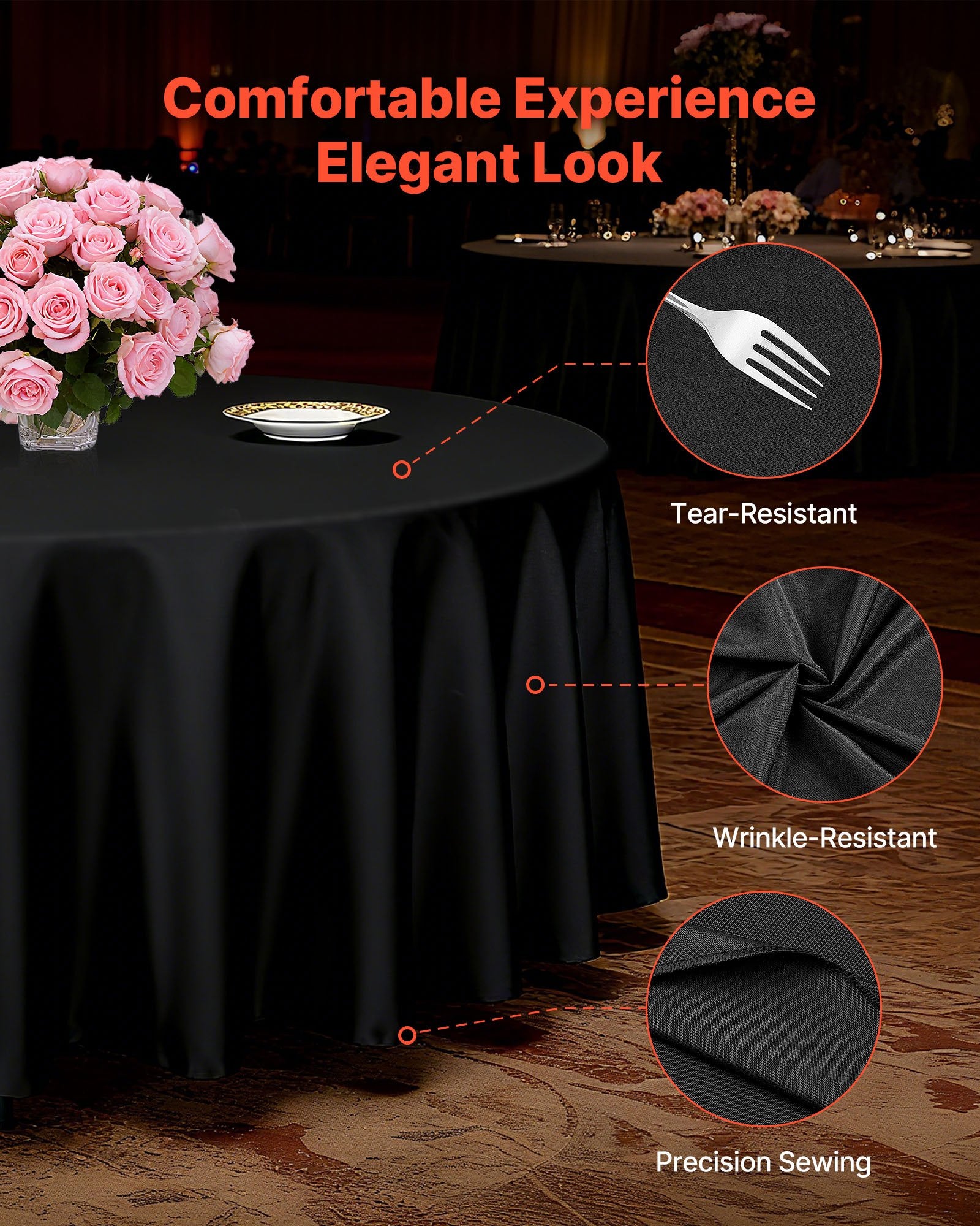 Elegant Black Round Tablecloths Set of 6 - 120-Inch Diameter, Stain & Wrinkle Resistant, Machine Washable, Perfect for Weddings, Parties, Banquets, and Formal Events - Premium Polyester Fabric, Easy Maintenance, Skin-Friendly, Ideal Gift