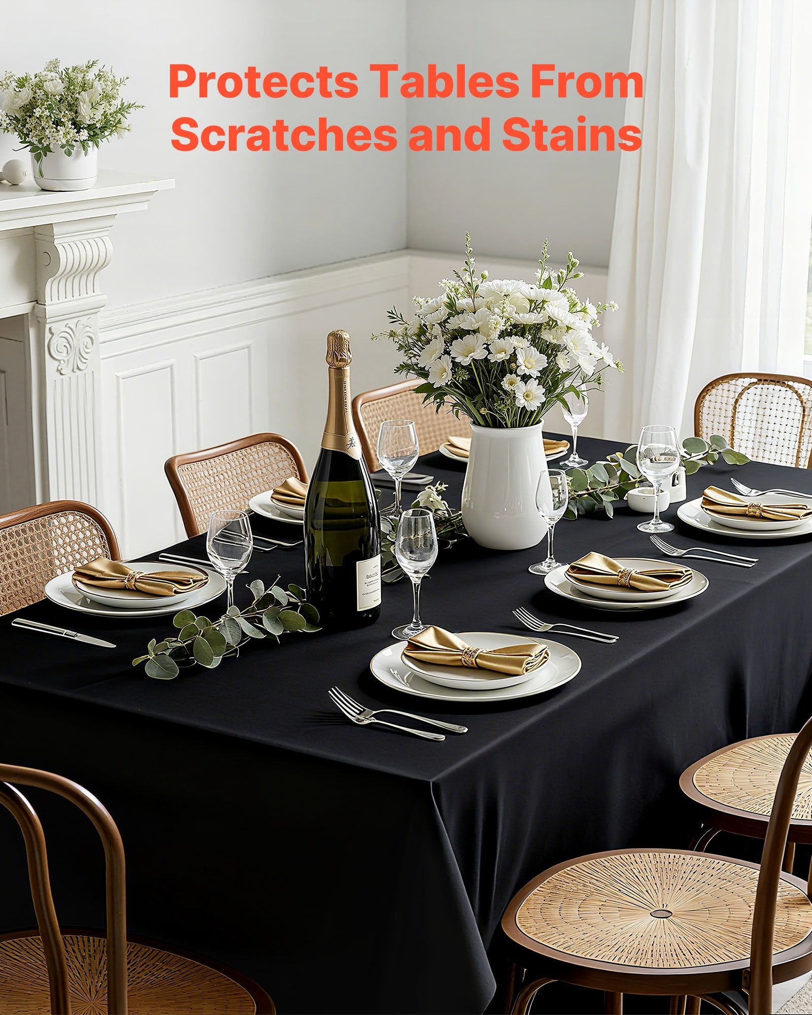 Elegant Black Rectangle Tablecloth Set of 6, 70x120 Inches – Reusable, Machine Washable, Wrinkle-Resistant Polyester for Weddings, Parties, Banquets
