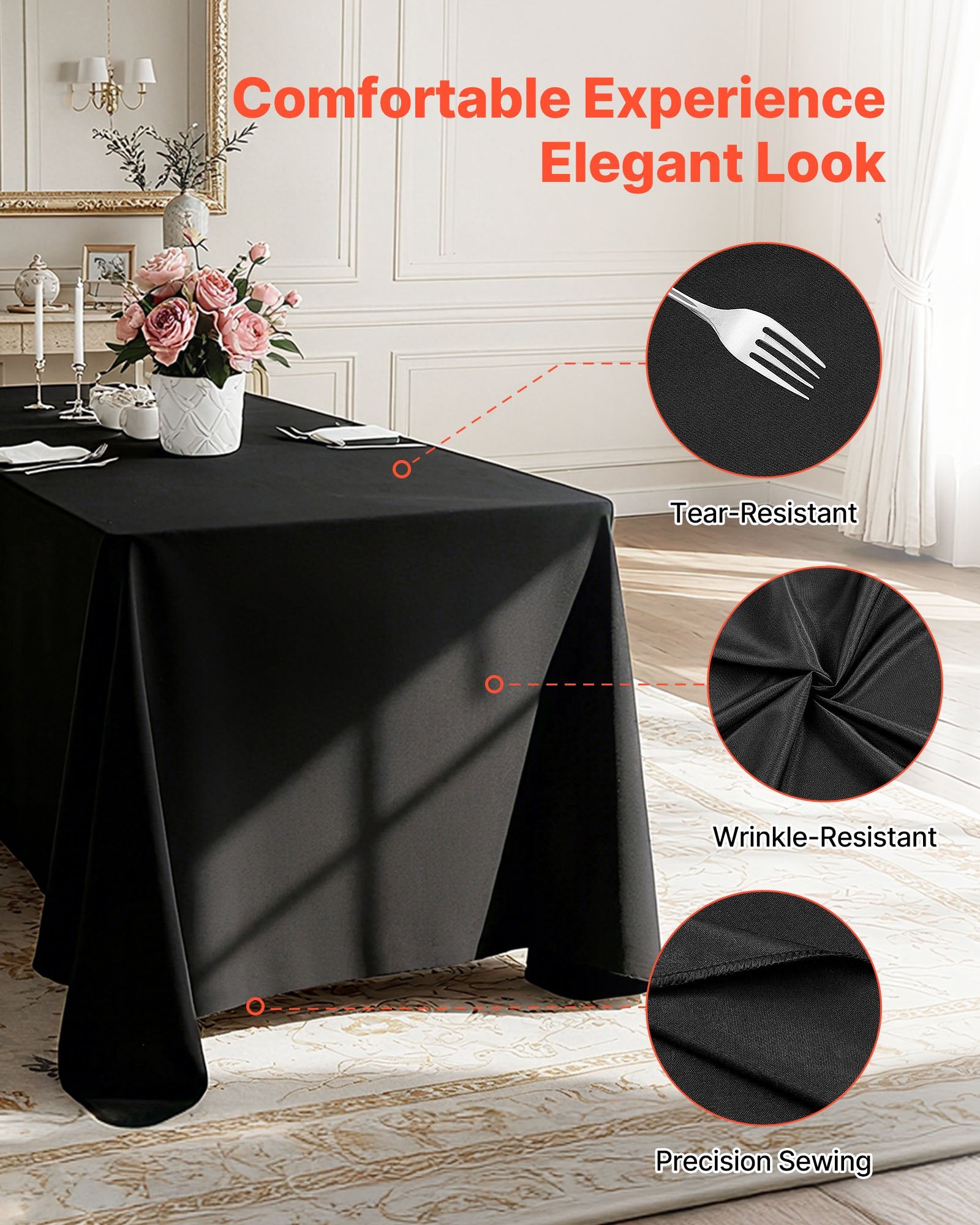 Elegant Black Rectangle Tablecloth Set of 6, 70x120 Inches – Reusable, Machine Washable, Wrinkle-Resistant Polyester for Weddings, Parties, Banquets