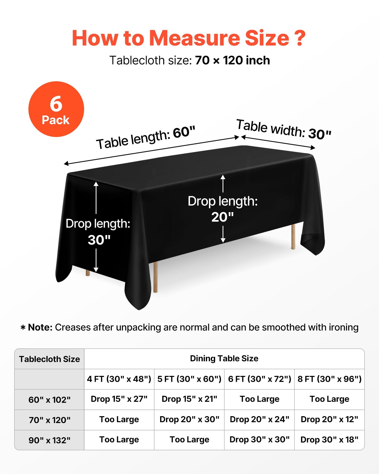 Elegant Black Rectangle Tablecloth Set of 6, 70x120 Inches – Reusable, Machine Washable, Wrinkle-Resistant Polyester for Weddings, Parties, Banquets
