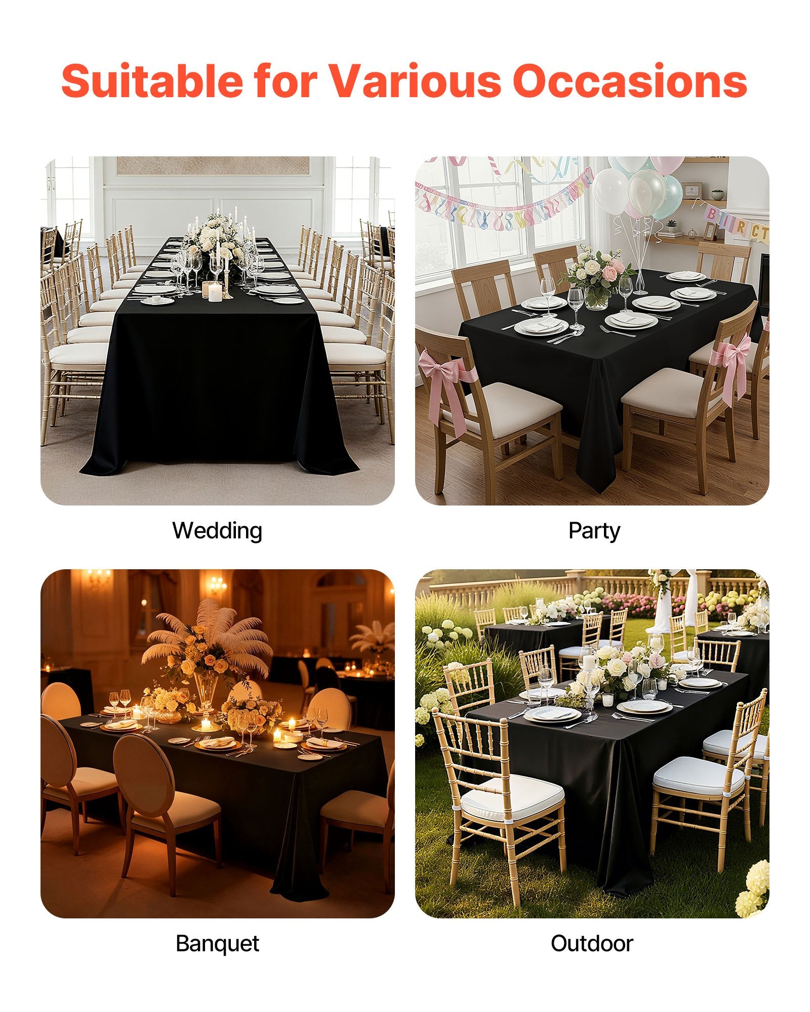 Elegant Black Rectangle Tablecloth Set of 6, 70x120 Inches – Reusable, Machine Washable, Wrinkle-Resistant Polyester for Weddings, Parties, Banquets