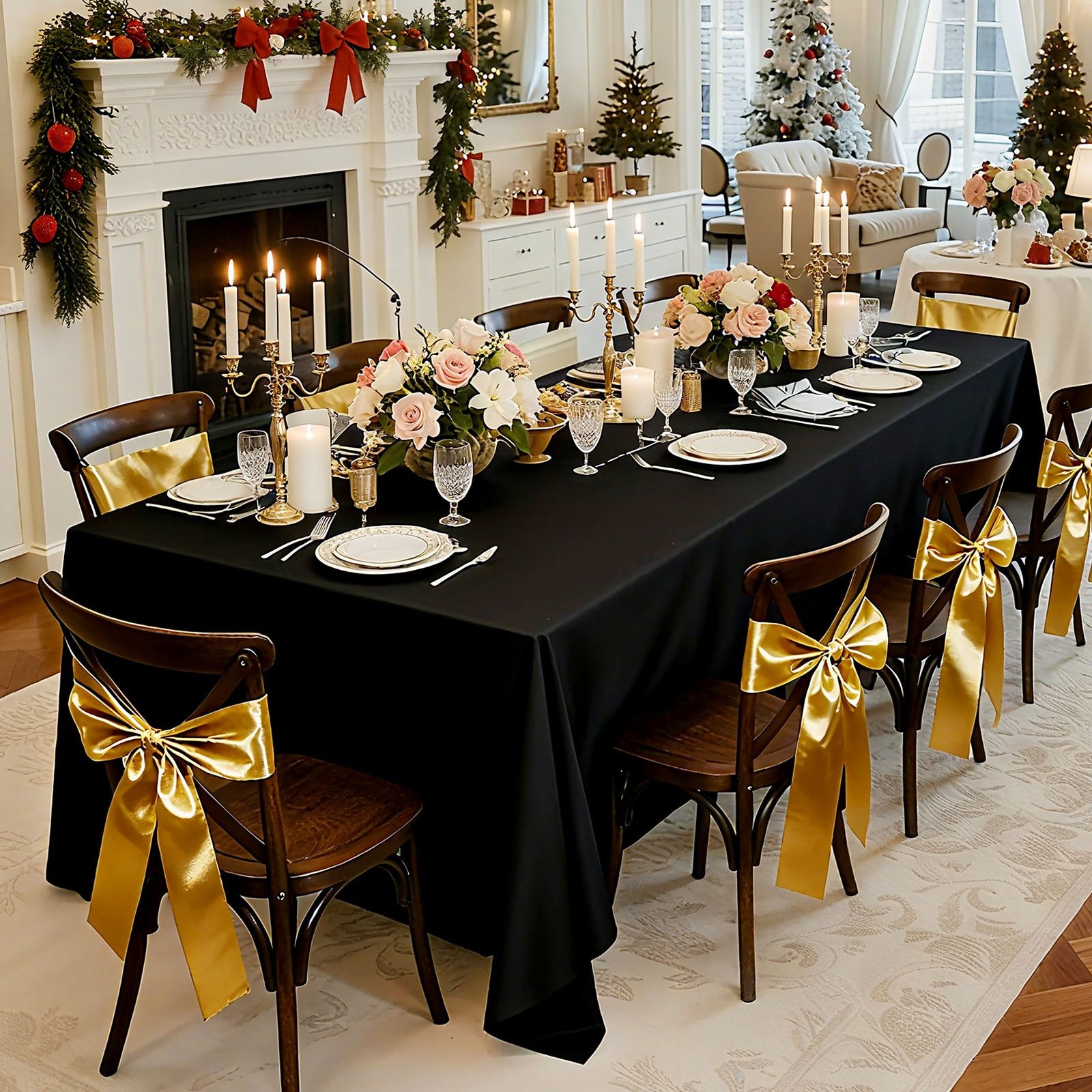 Elegant Black Rectangle Tablecloth Set of 6, 70x120 Inches – Reusable, Machine Washable, Wrinkle-Resistant Polyester for Weddings, Parties, Banquets