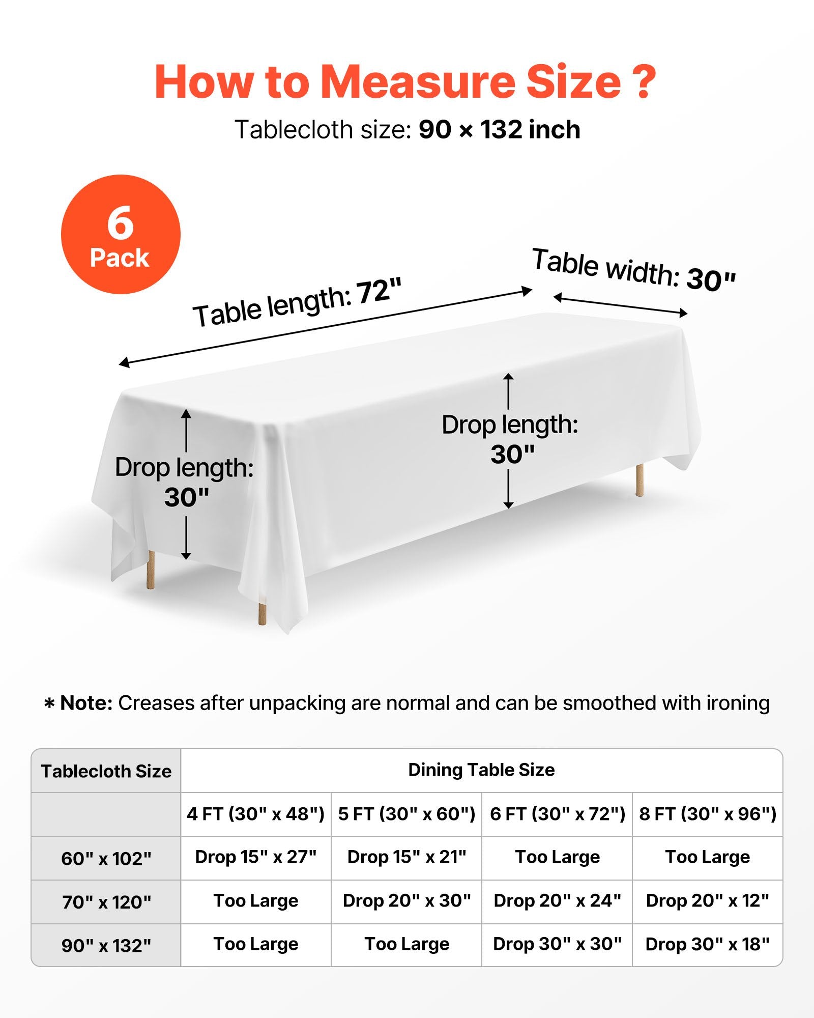 White Rectangle Tablecloths 6 Pack - 90x132 Inch Reusable, Wrinkle-Resistant Polyester for Weddings, Parties, Banquets, Easy Care & Machine Washable
