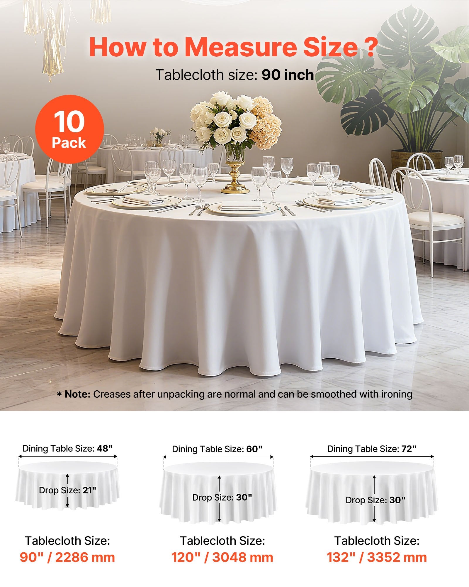 White Round Tablecloths 10 Pack - 90 Inch, Stain & Wrinkle Resistant, Machine Washable, Polyester Covers for Weddings, Parties, Banquets