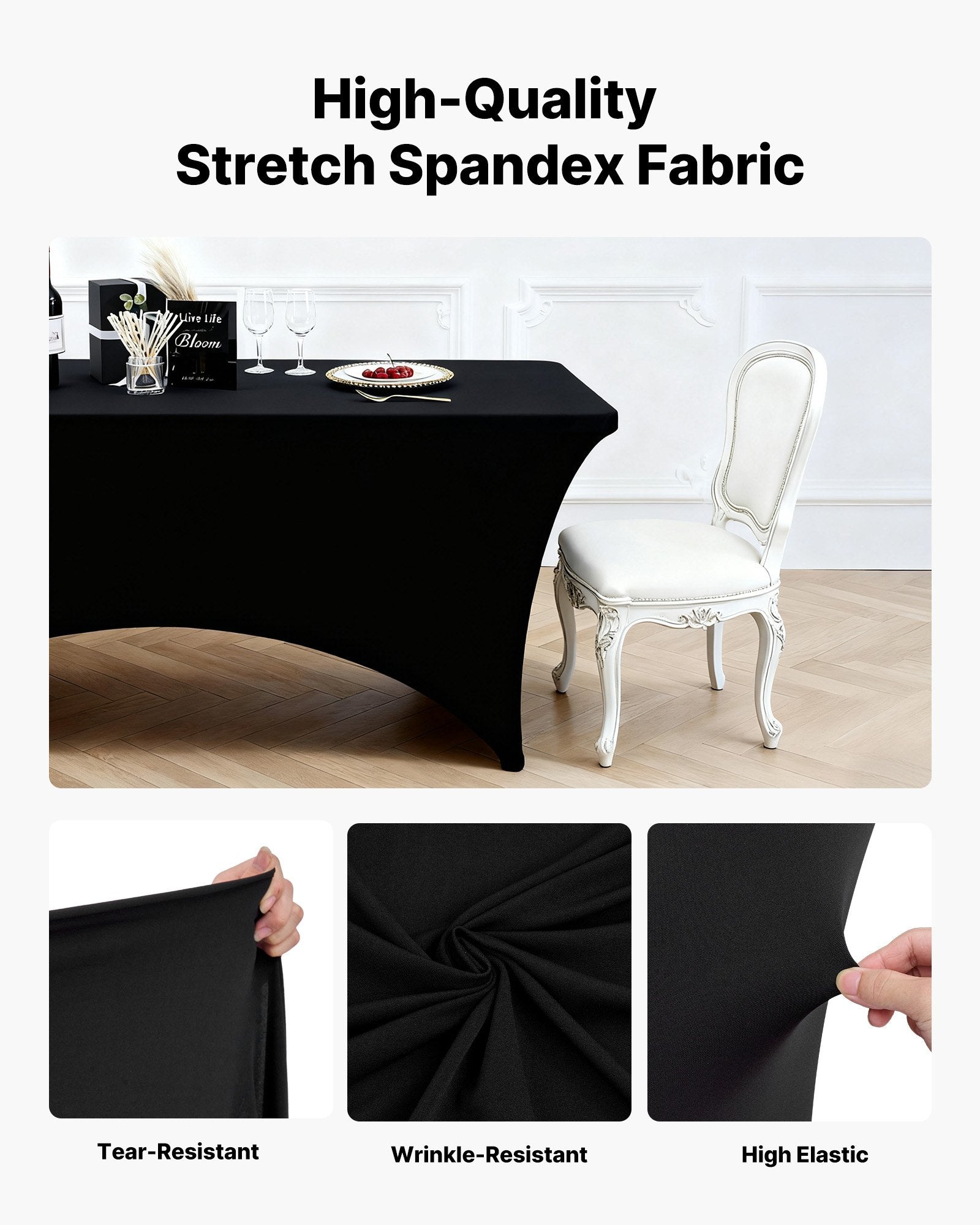 10 Pack Black 6FT Rectangular Stretch Tablecloths - Wrinkle-Resistant, Washable Spandex Covers for Events, Party, Wedding, Banquet, Festival