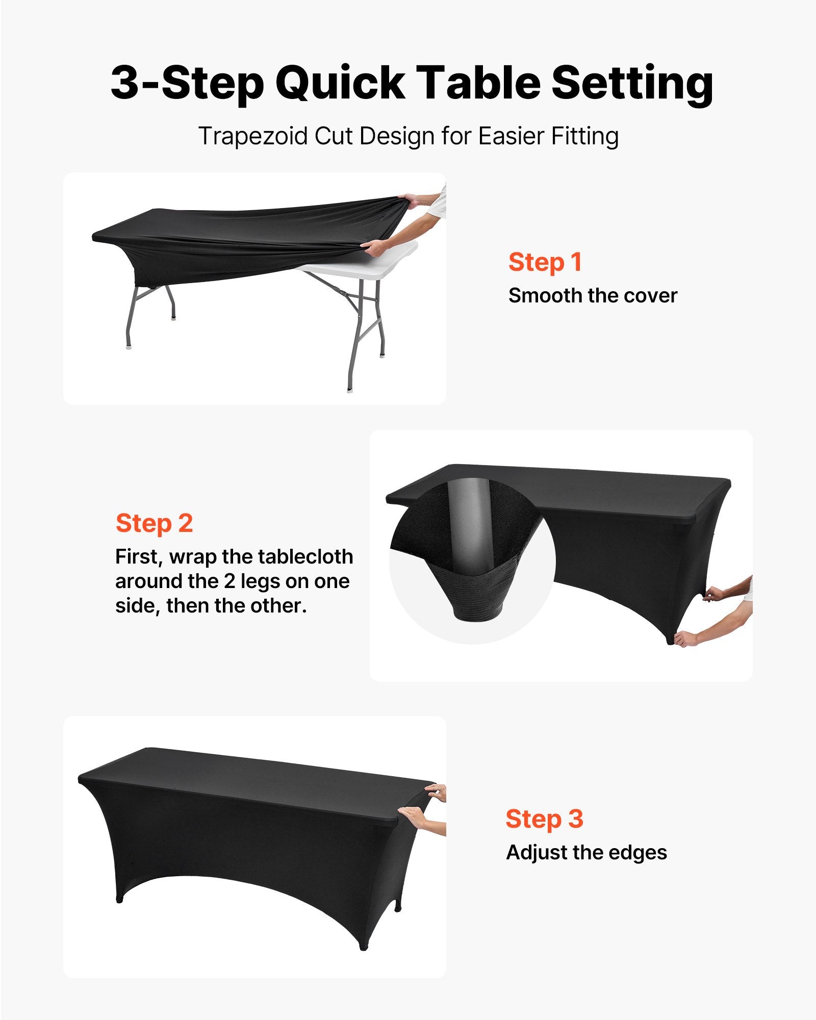 3 Pack Stretch Black Tablecloths for 6FT Fitted Tables - Wrinkle-Resistant, Washable Spandex Covers for Weddings, Parties, Banquets, Festivals
