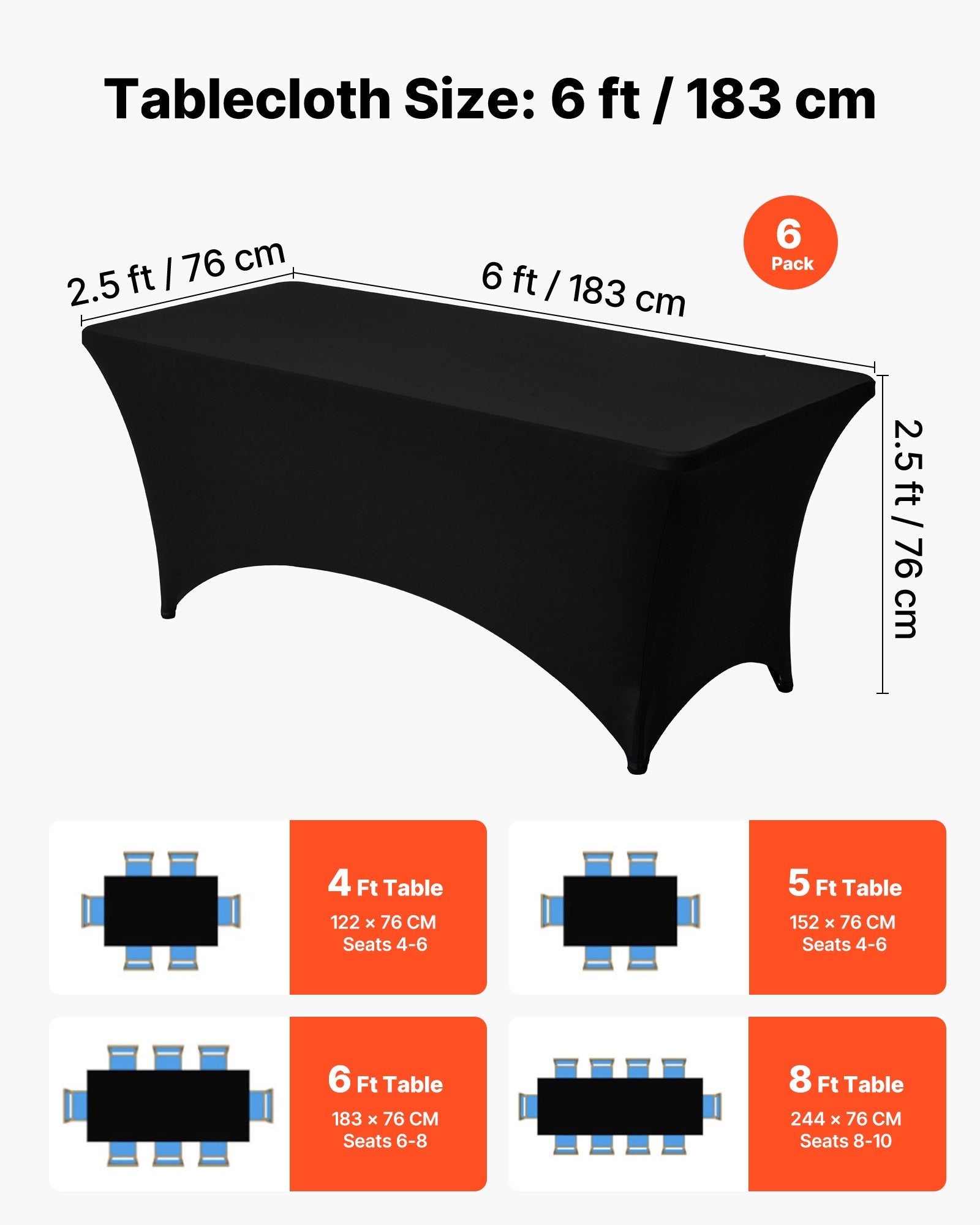 6-Pack Black Spandex Tablecloths for 6FT Tables – Wrinkle-Resistant, Washable, Perfect for Weddings, Parties, Banquets, Festivals, Cocktail Events