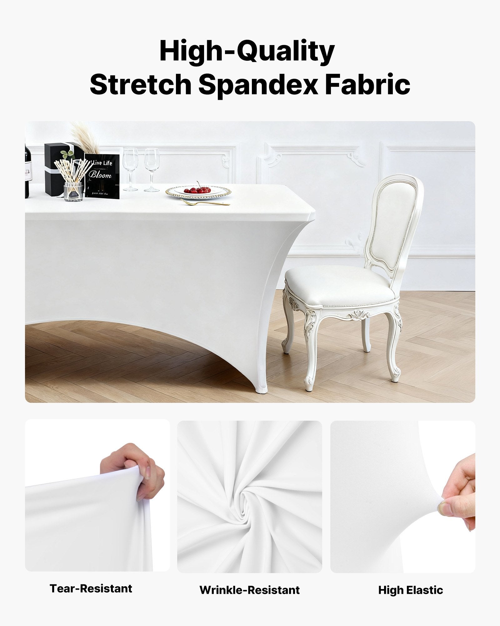 6 Pack Stretchable Spandex Tablecloths for 8FT Tables, Wrinkle-Resistant, Washable Covers for Weddings, Parties, Banquets, Events, Festivals