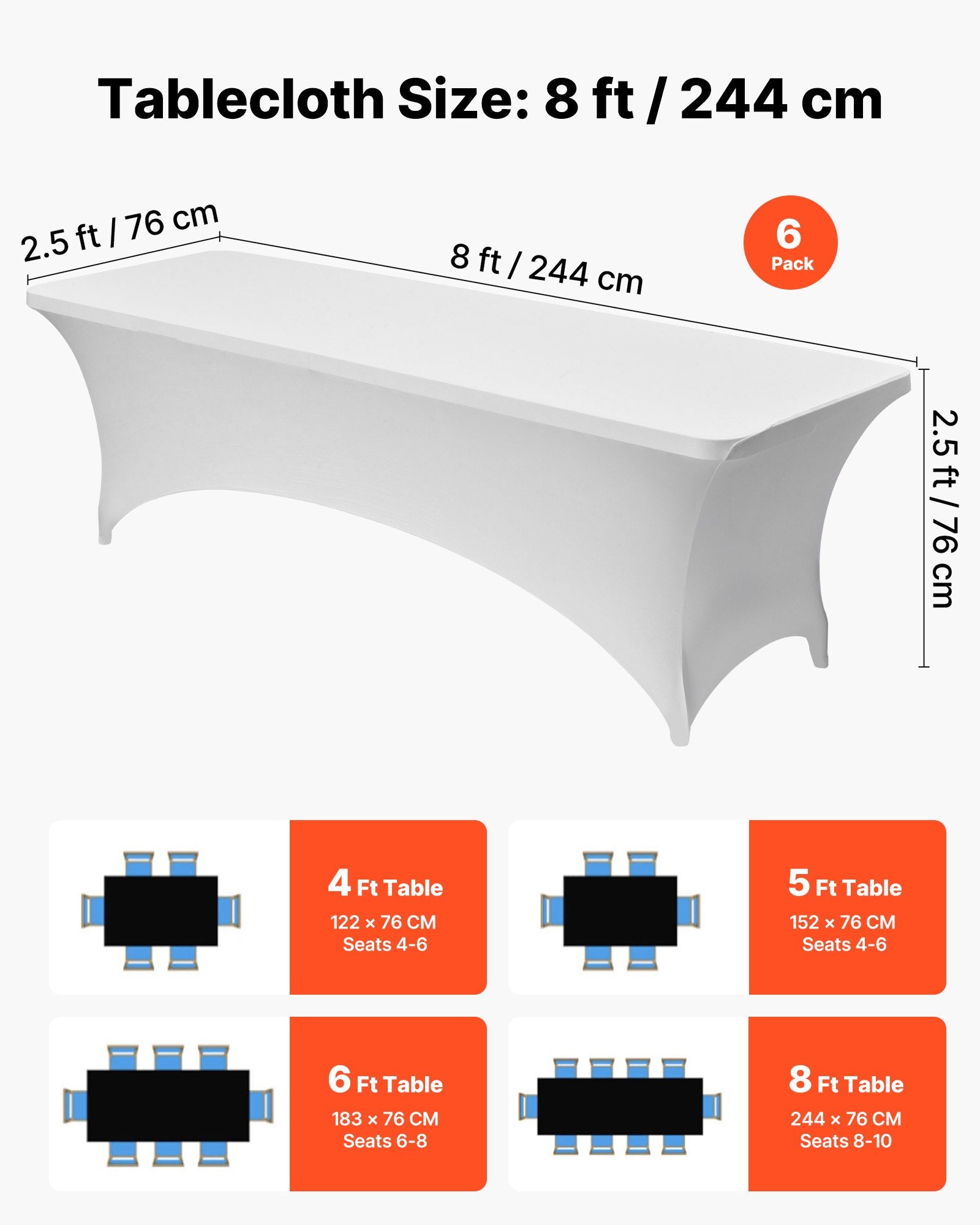 6 Pack Stretchable Spandex Tablecloths for 8FT Tables, Wrinkle-Resistant, Washable Covers for Weddings, Parties, Banquets, Events, Festivals