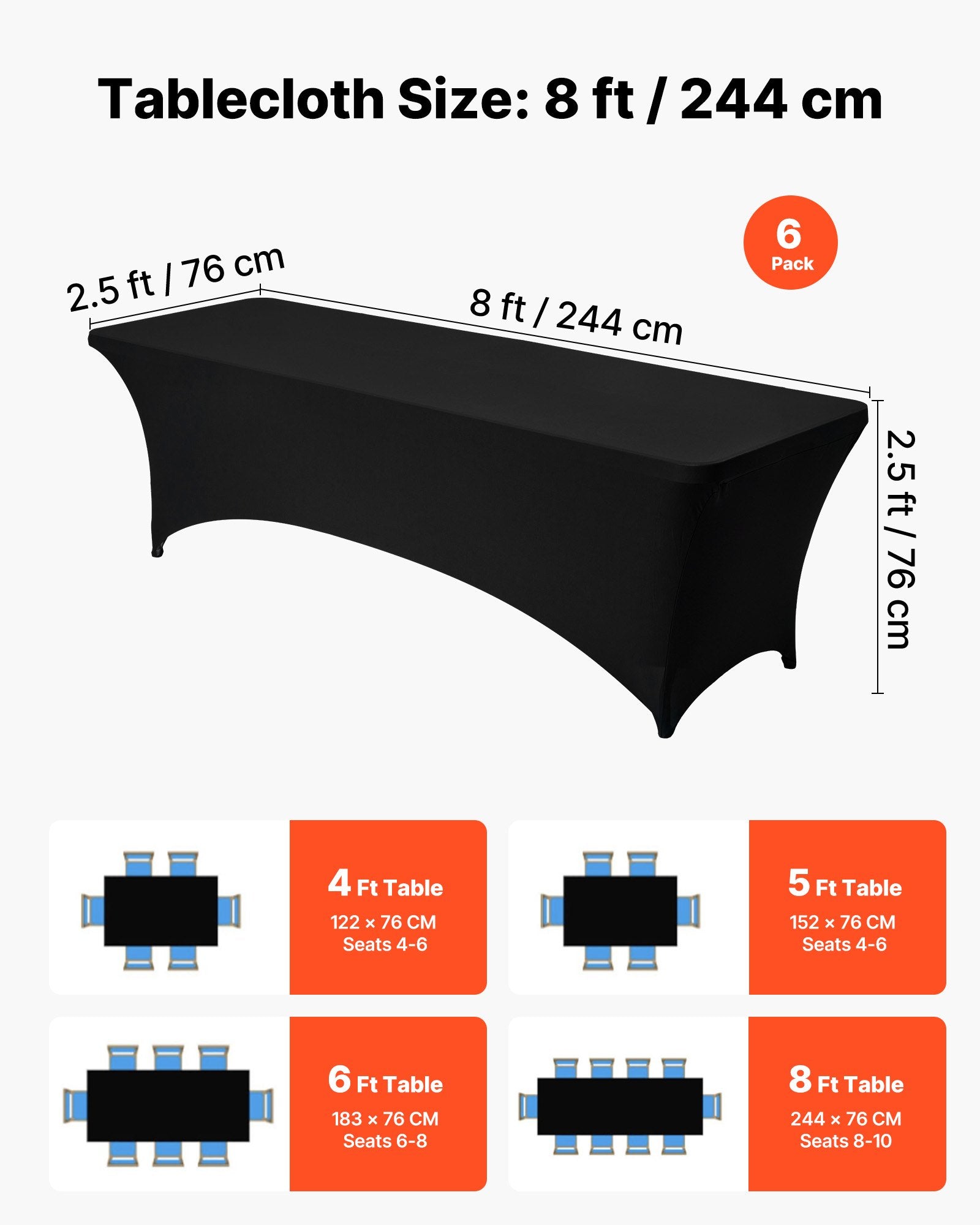 6 Pack 8FT Rectangular Fitted Tablecloths, Wrinkle-Resistant Black Spandex Covers for Weddings, Parties, Banquets, and Events