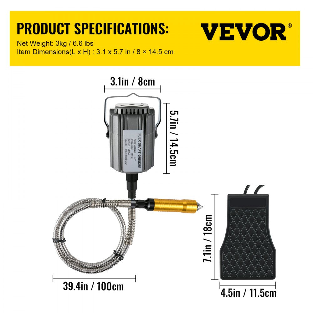 VEVOR Flex Shaft Grinder 780W Rotary Tool 500-23000RPM Rotary Carver with 1/4\" 3-Jaw Chuck & Stepless Speed Foot Pedal Hanging Grinding Machine 131PCS Accessories for Jewelry Polishing Grinding DIY