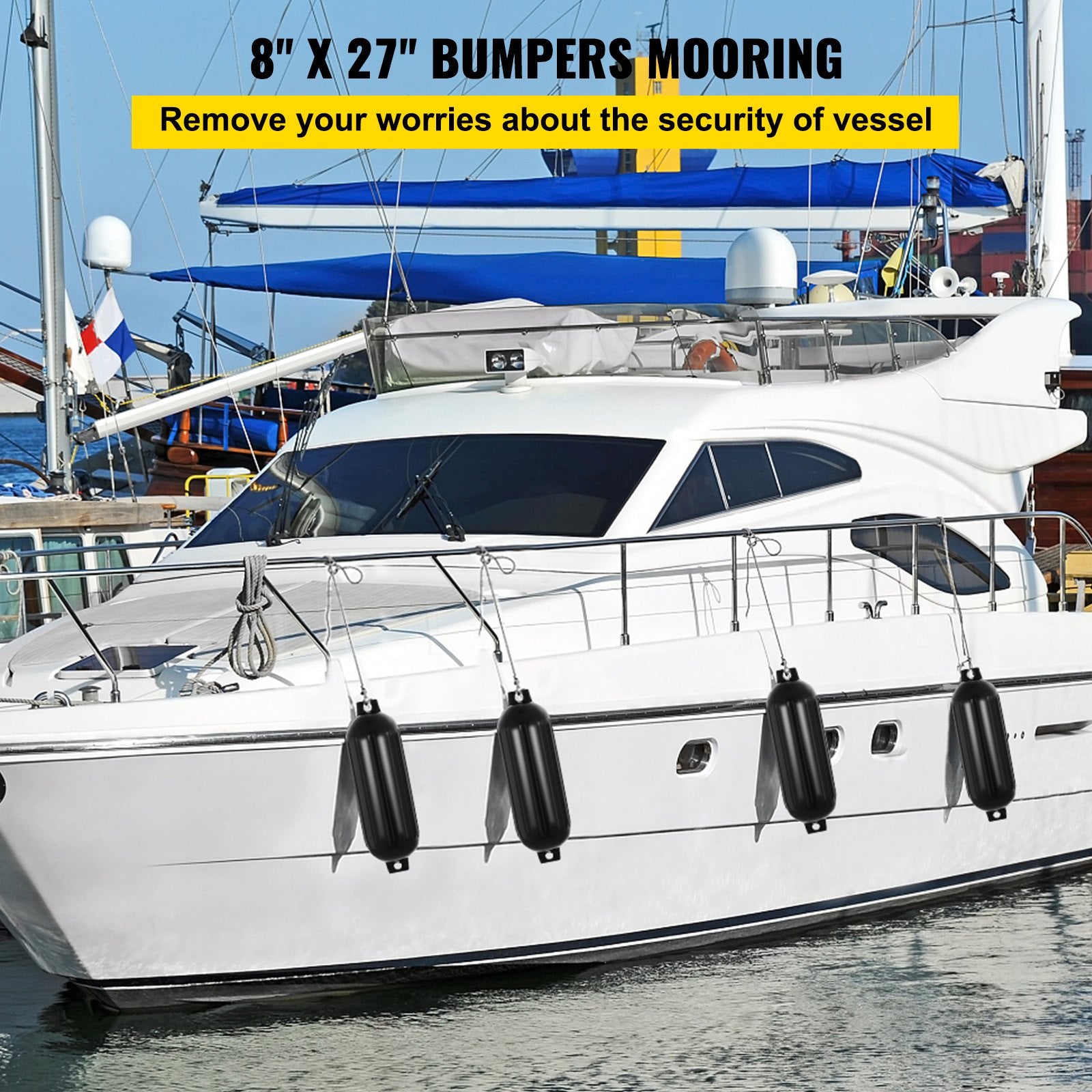 Durable Black Boat Fenders 8" x 27" - Heavy-Duty Ribbed PVC Bumper for Dock Protection, Easy Inflation & Installation