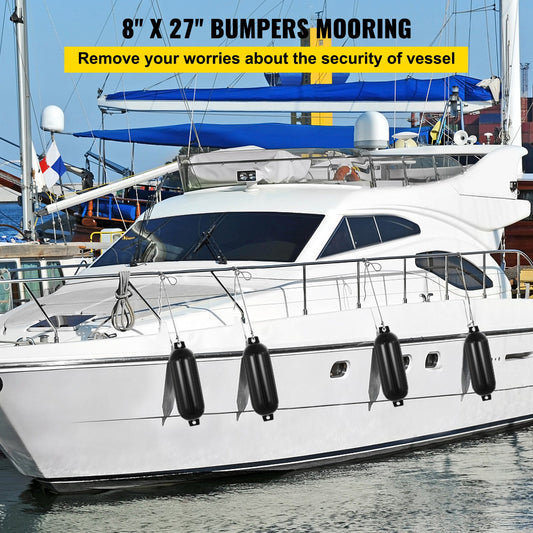 Durable Black Boat Fenders 8" x 27" - Heavy-Duty Ribbed PVC Bumper for Dock Protection, Easy Inflation & Installation