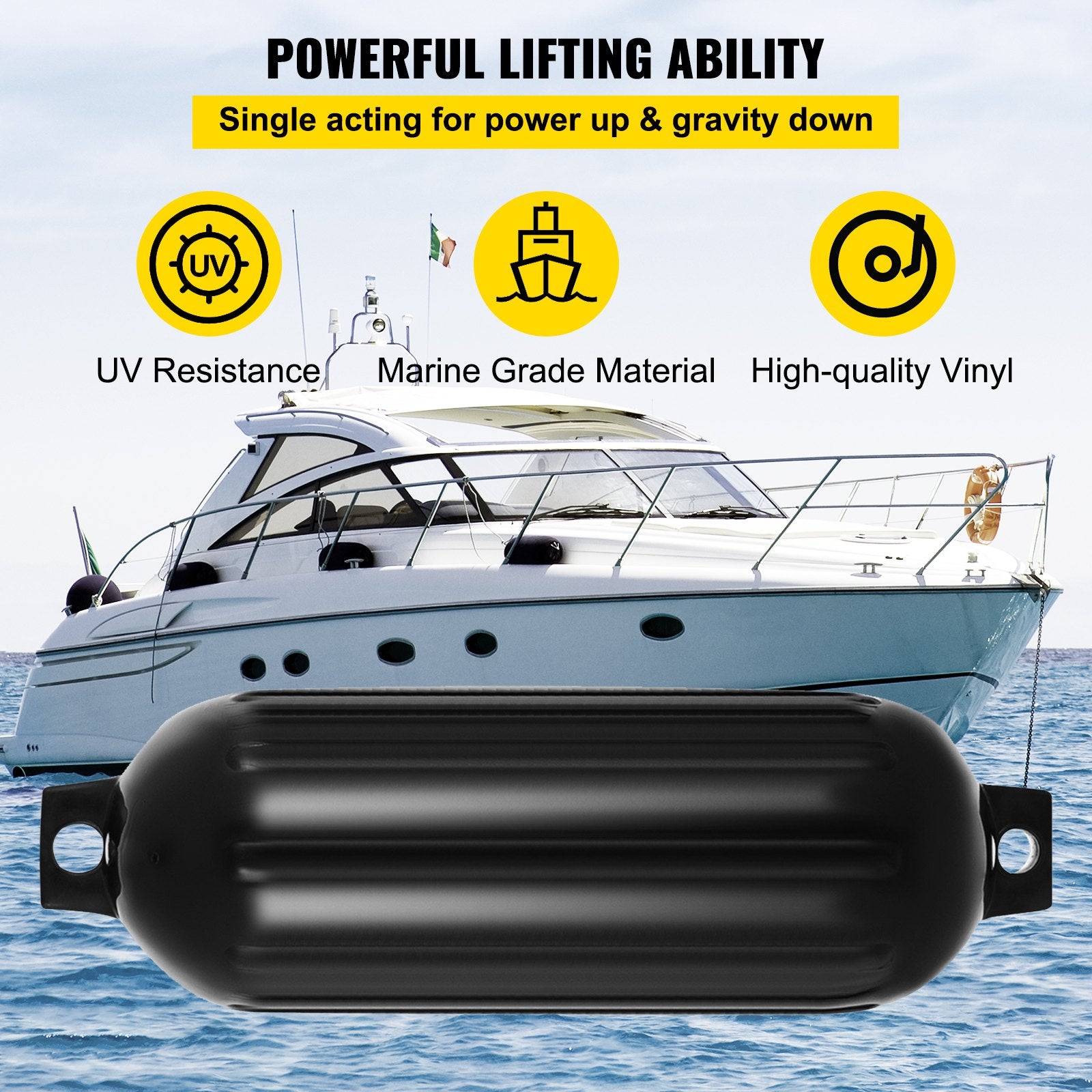 Durable Black Boat Fenders 8" x 27" - Heavy-Duty Ribbed PVC Bumper for Dock Protection, Easy Inflation & Installation
