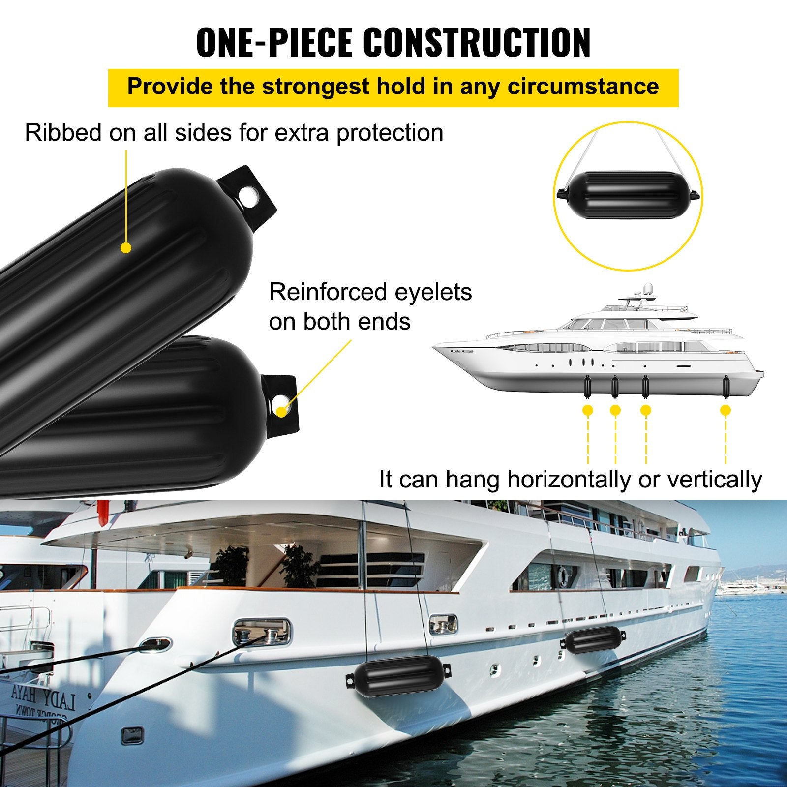 Durable Black Boat Fenders 8" x 27" - Heavy-Duty Ribbed PVC Bumper for Dock Protection, Easy Inflation & Installation