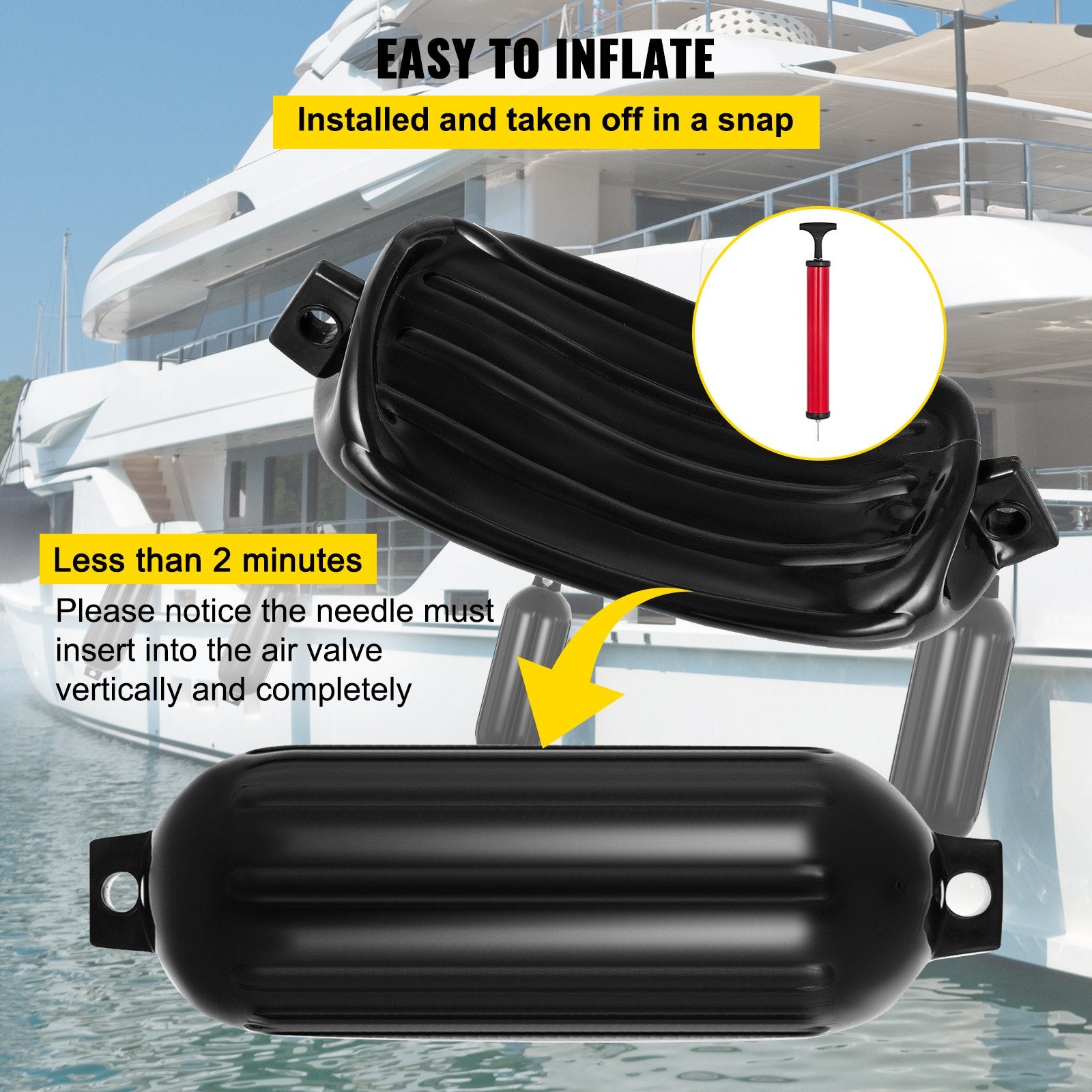 Durable Black Boat Fenders 8" x 27" - Heavy-Duty Ribbed PVC Bumper for Dock Protection, Easy Inflation & Installation