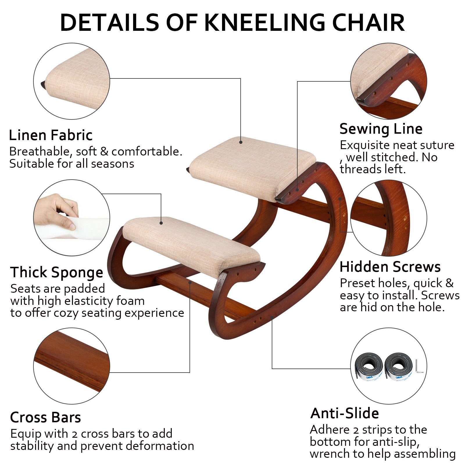 Ergonomic Rocking Kneeling Chair for Better Posture - Heavy Duty Birch Wood Stool with 330lbs Load Capacity and Cushioned Support for Office Comfort