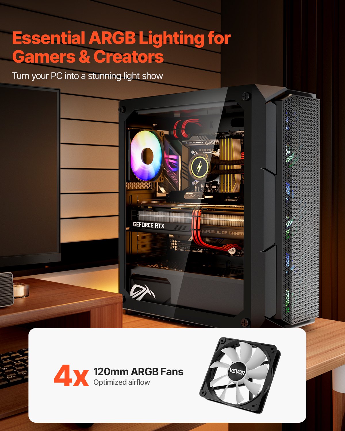 Mid-Tower PC Gaming Case with Tempered Glass, High-Airflow, ARGB Fans, Dust Filter, Easy Cable Management, Supports ATX/M-ATX/ITX, GPU up to 320mm