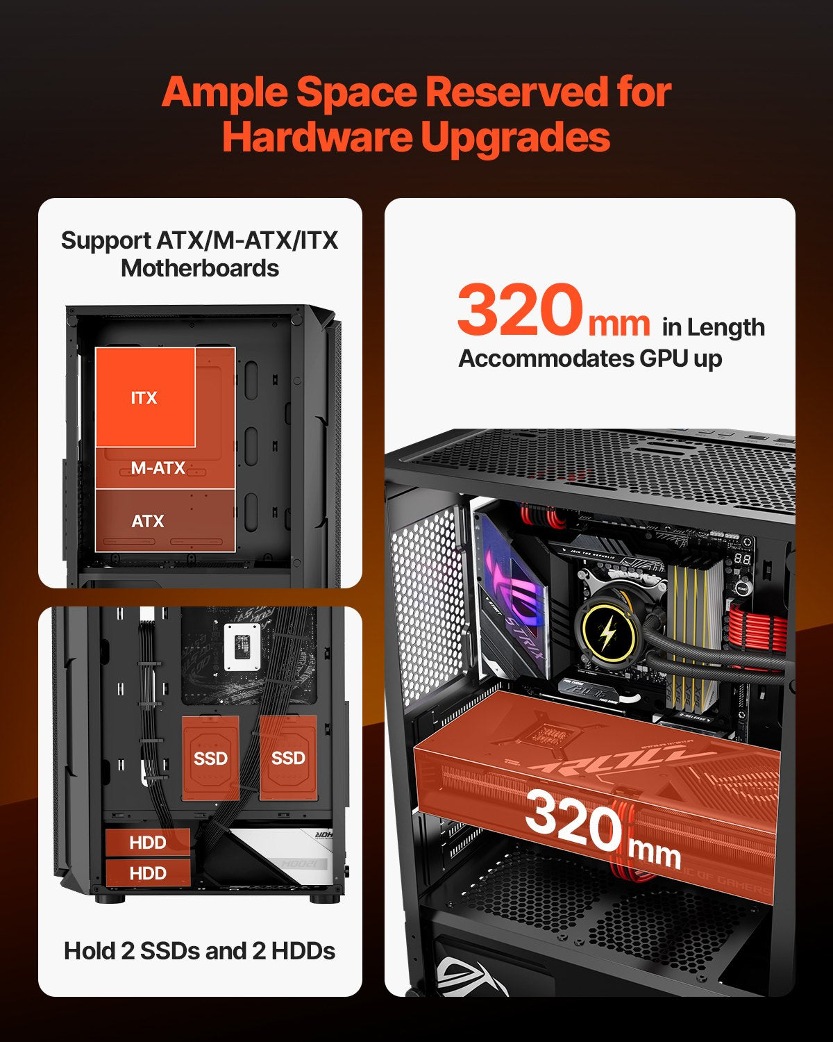 Mid-Tower PC Gaming Case with Tempered Glass, High-Airflow, ARGB Fans, Dust Filter, Easy Cable Management, Supports ATX/M-ATX/ITX, GPU up to 320mm