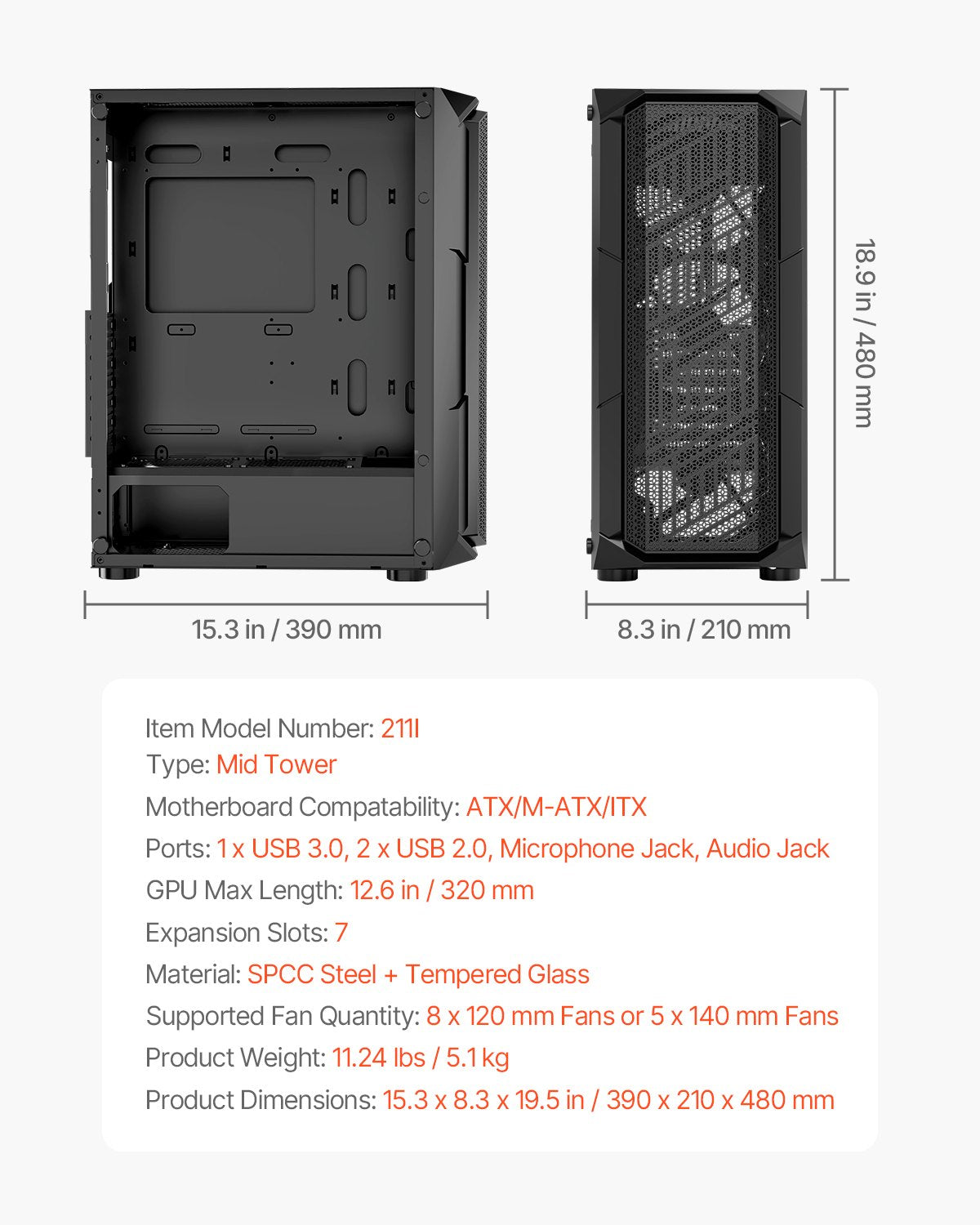 Mid-Tower PC Gaming Case with Tempered Glass, High-Airflow, ARGB Fans, Dust Filter, Easy Cable Management, Supports ATX/M-ATX/ITX, GPU up to 320mm