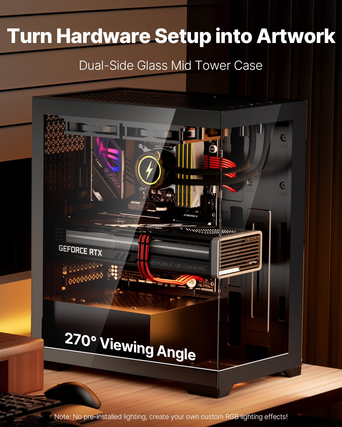 Mid-Tower Gaming PC Case with High-Airflow, Tempered Glass, Dust Filter, Supports 4 Fans, ATX/M-ATX/ITX, 360mm GPU, Cable Management