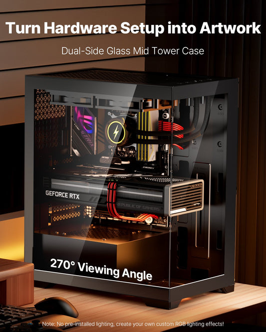 Mid-Tower Gaming PC Case with High-Airflow, Tempered Glass, Dust Filter, Supports 4 Fans, ATX/M-ATX/ITX, 360mm GPU, Cable Management