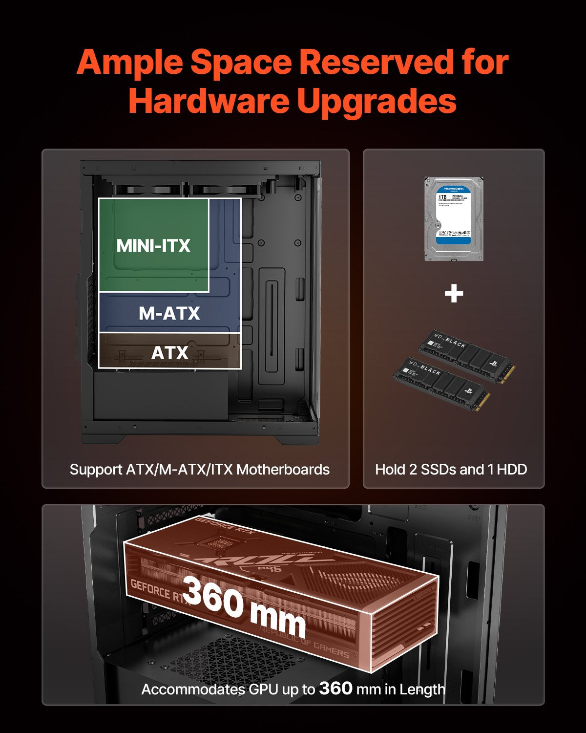 Mid-Tower Gaming PC Case with High-Airflow, Tempered Glass, Dust Filter, Supports 4 Fans, ATX/M-ATX/ITX, 360mm GPU, Cable Management