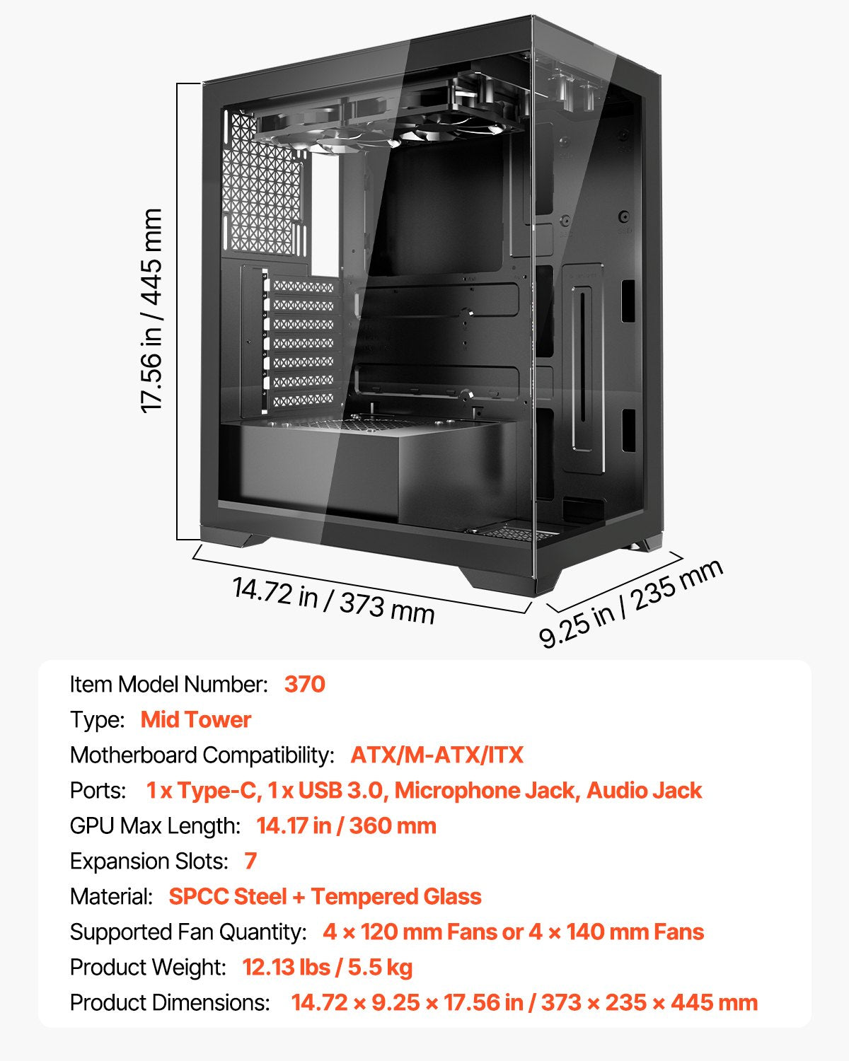 Mid-Tower Gaming PC Case with High-Airflow, Tempered Glass, Dust Filter, Supports 4 Fans, ATX/M-ATX/ITX, 360mm GPU, Cable Management