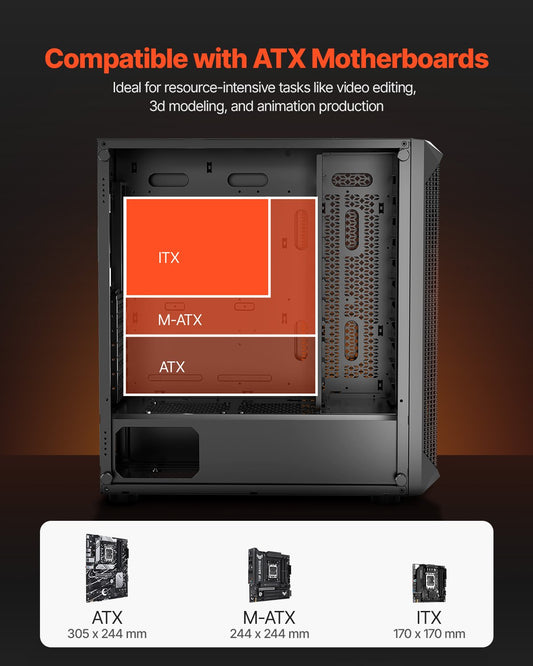 Mid-Tower PC Gaming Case with High-Airflow, Tempered Glass, Dust Filter, 4 Fans, Cable Management, ATX/M-ATX/ITX Compatible